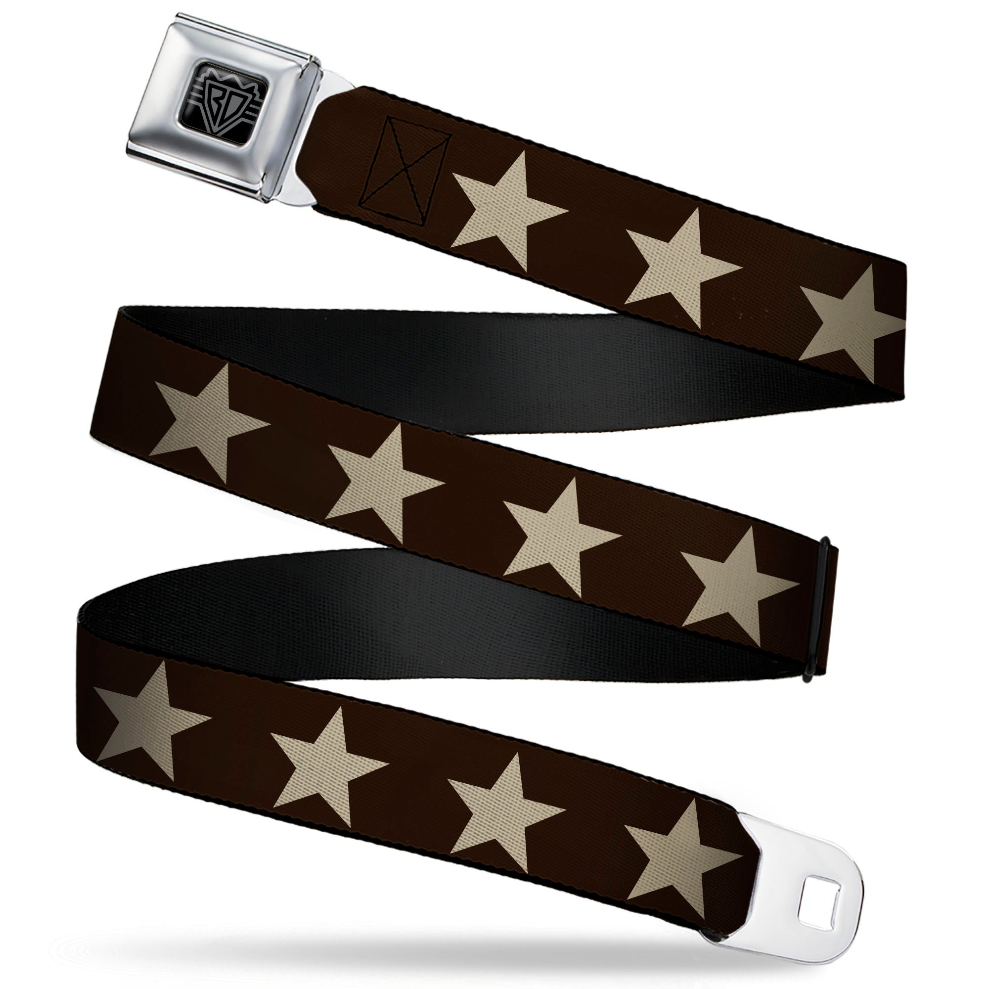 BD Wings Logo CLOSE-UP Black/Silver Seatbelt Belt - Star Brown/Tan Webbing Seatbelt Belts Buckle-Down