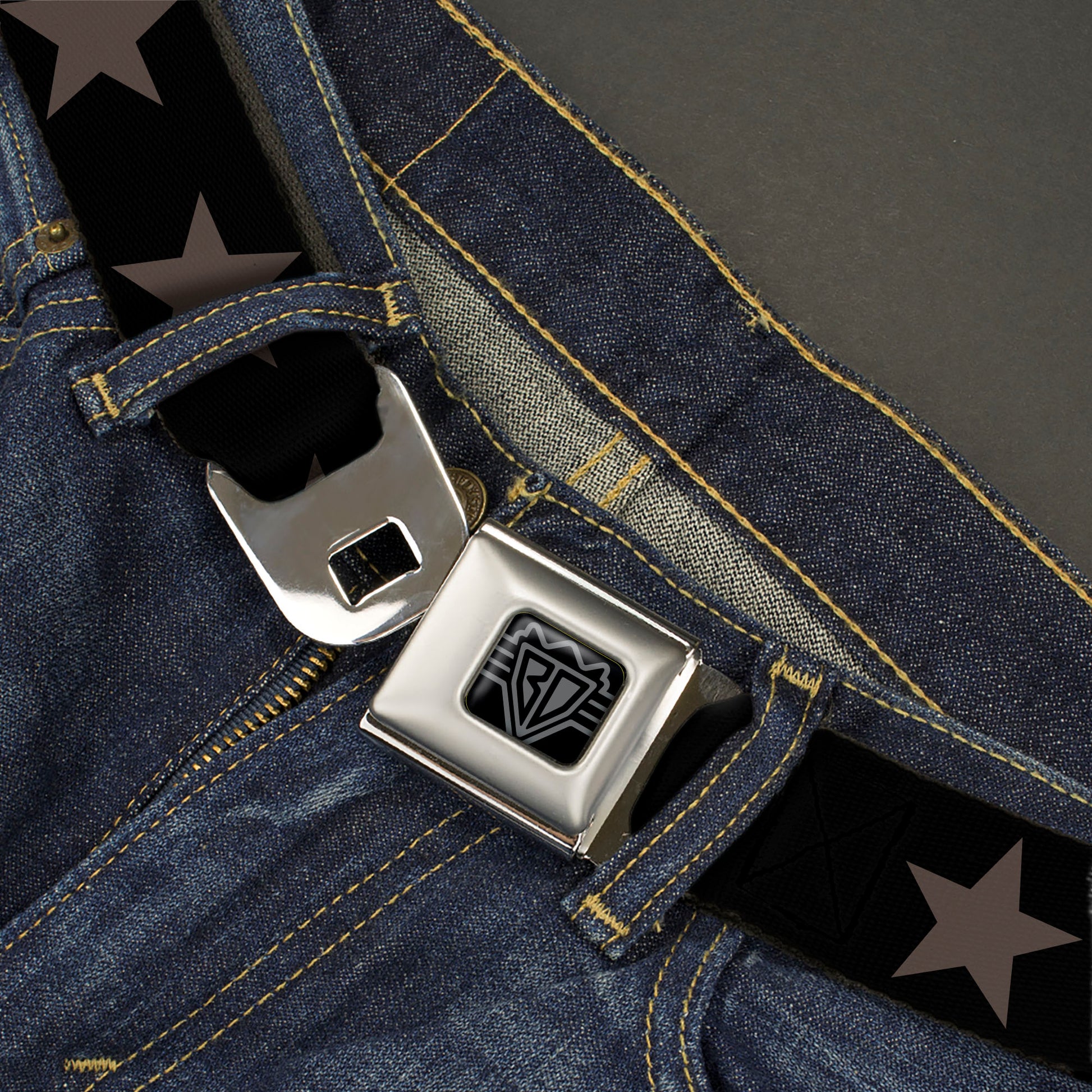 BD Wings Logo CLOSE-UP Black/Silver Seatbelt Belt - Star Black/Brown Webbing Seatbelt Belts Buckle-Down