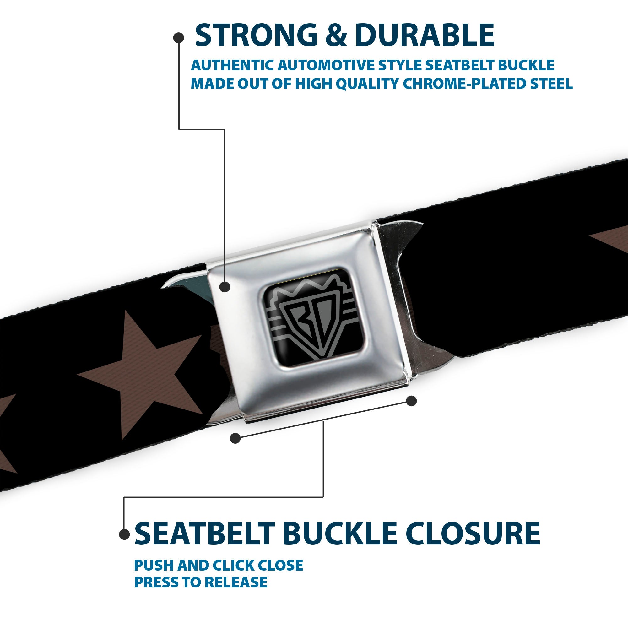 BD Wings Logo CLOSE-UP Black/Silver Seatbelt Belt - Star Black/Brown Webbing Seatbelt Belts Buckle-Down