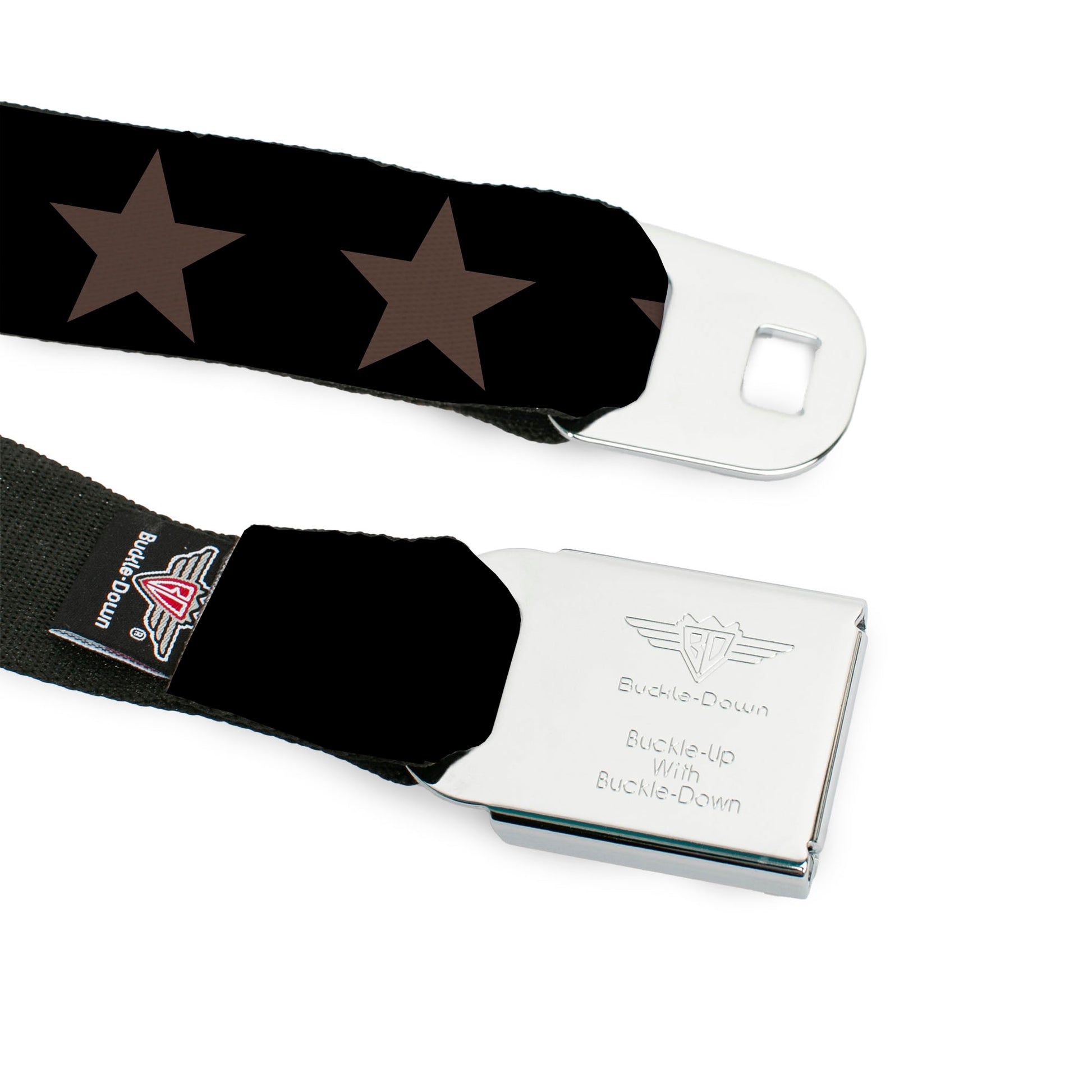 BD Wings Logo CLOSE-UP Black/Silver Seatbelt Belt - Star Black/Brown Webbing Seatbelt Belts Buckle-Down