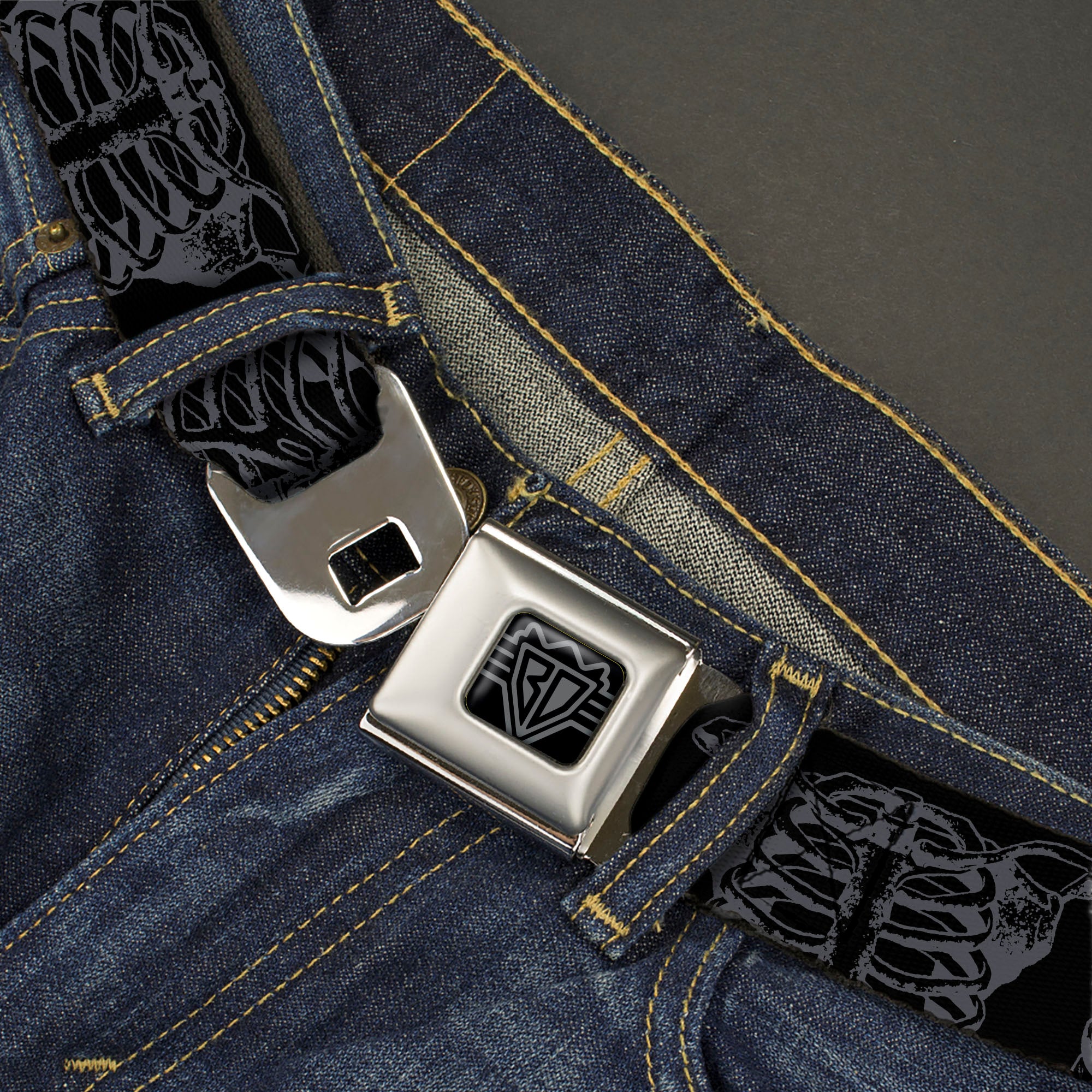 BD Wings Logo CLOSE-UP Black/Silver Seatbelt Belt - Skeleton Ribs Black/Gray Webbing Seatbelt Belts Buckle-Down