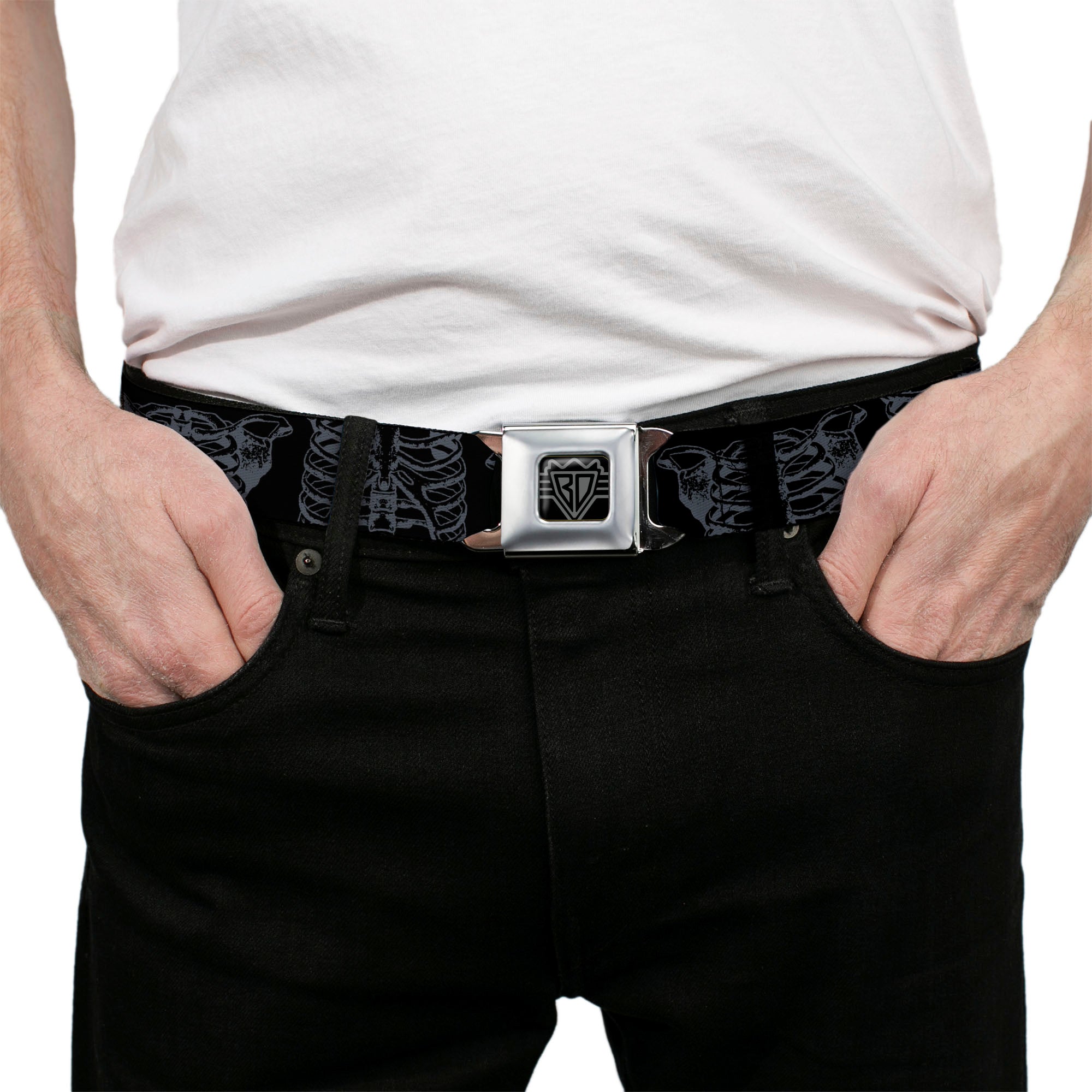 BD Wings Logo CLOSE-UP Black/Silver Seatbelt Belt - Skeleton Ribs Black/Gray Webbing Seatbelt Belts Buckle-Down