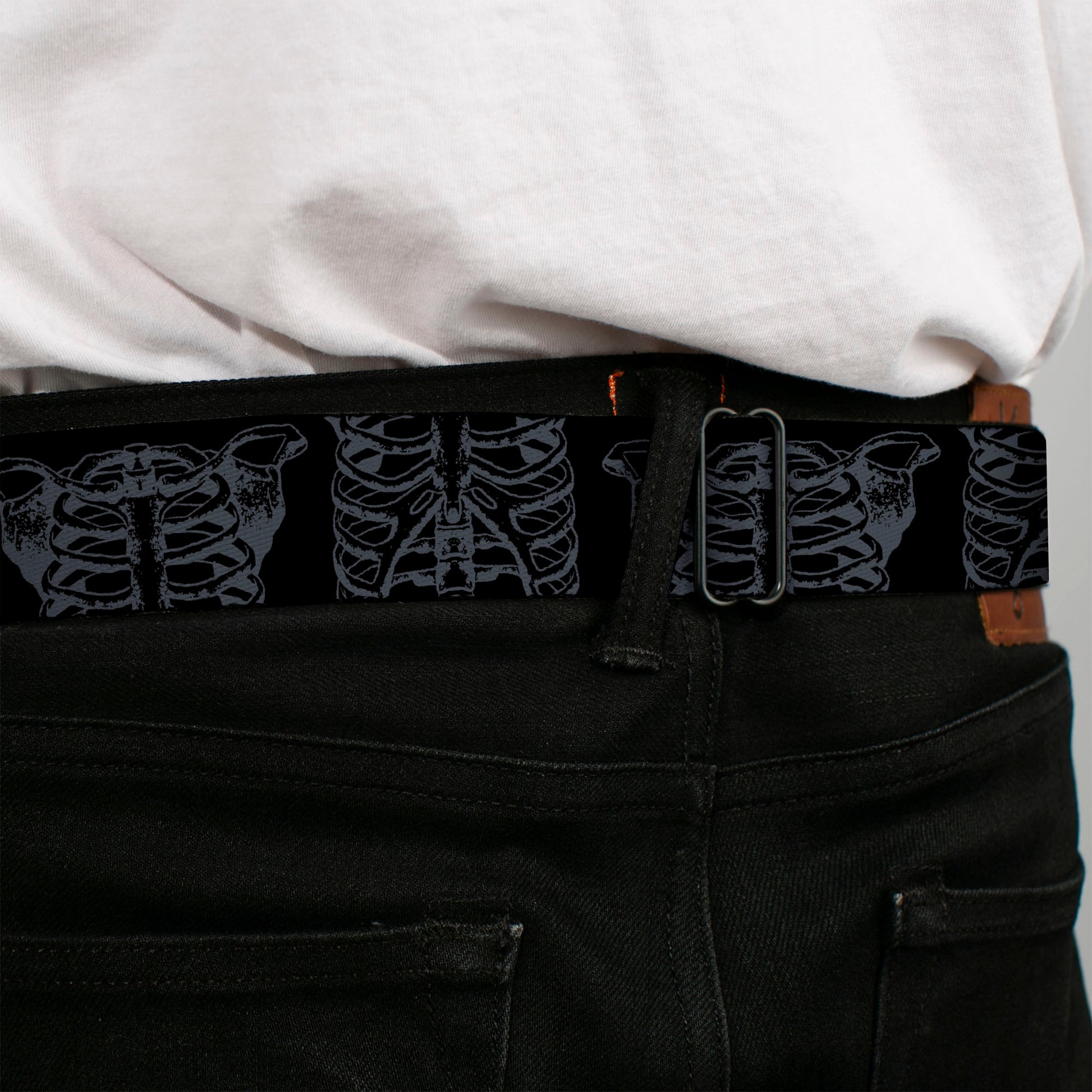 BD Wings Logo CLOSE-UP Black/Silver Seatbelt Belt - Skeleton Ribs Black/Gray Webbing Seatbelt Belts Buckle-Down