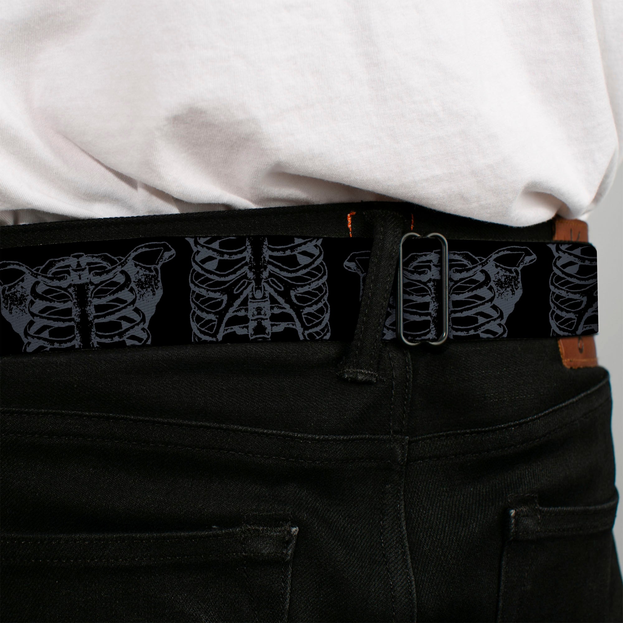 BD Wings Logo CLOSE-UP Black/Silver Seatbelt Belt - Skeleton Ribs Black/Gray Webbing Seatbelt Belts Buckle-Down