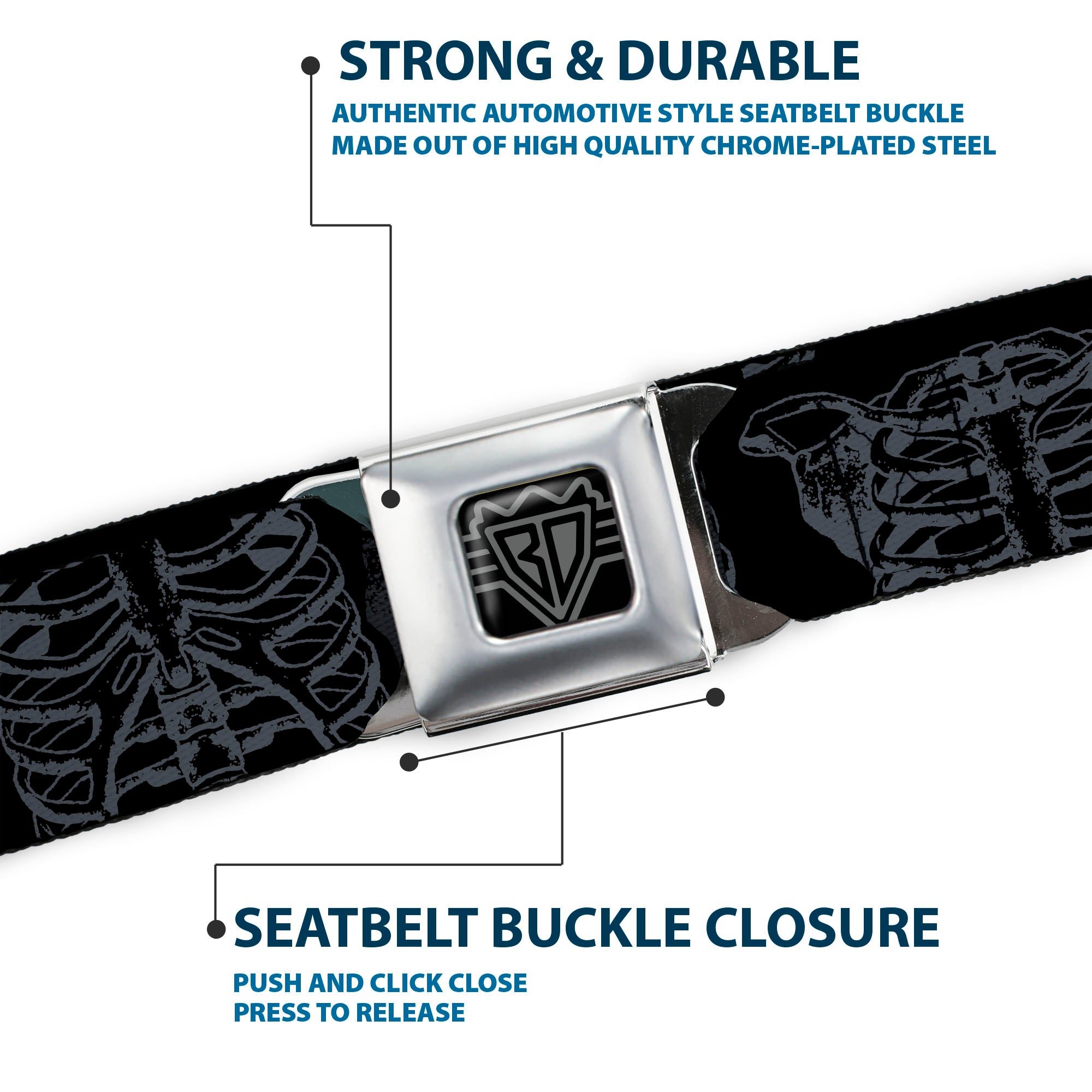 BD Wings Logo CLOSE-UP Black/Silver Seatbelt Belt - Skeleton Ribs Black/Gray Webbing Seatbelt Belts Buckle-Down