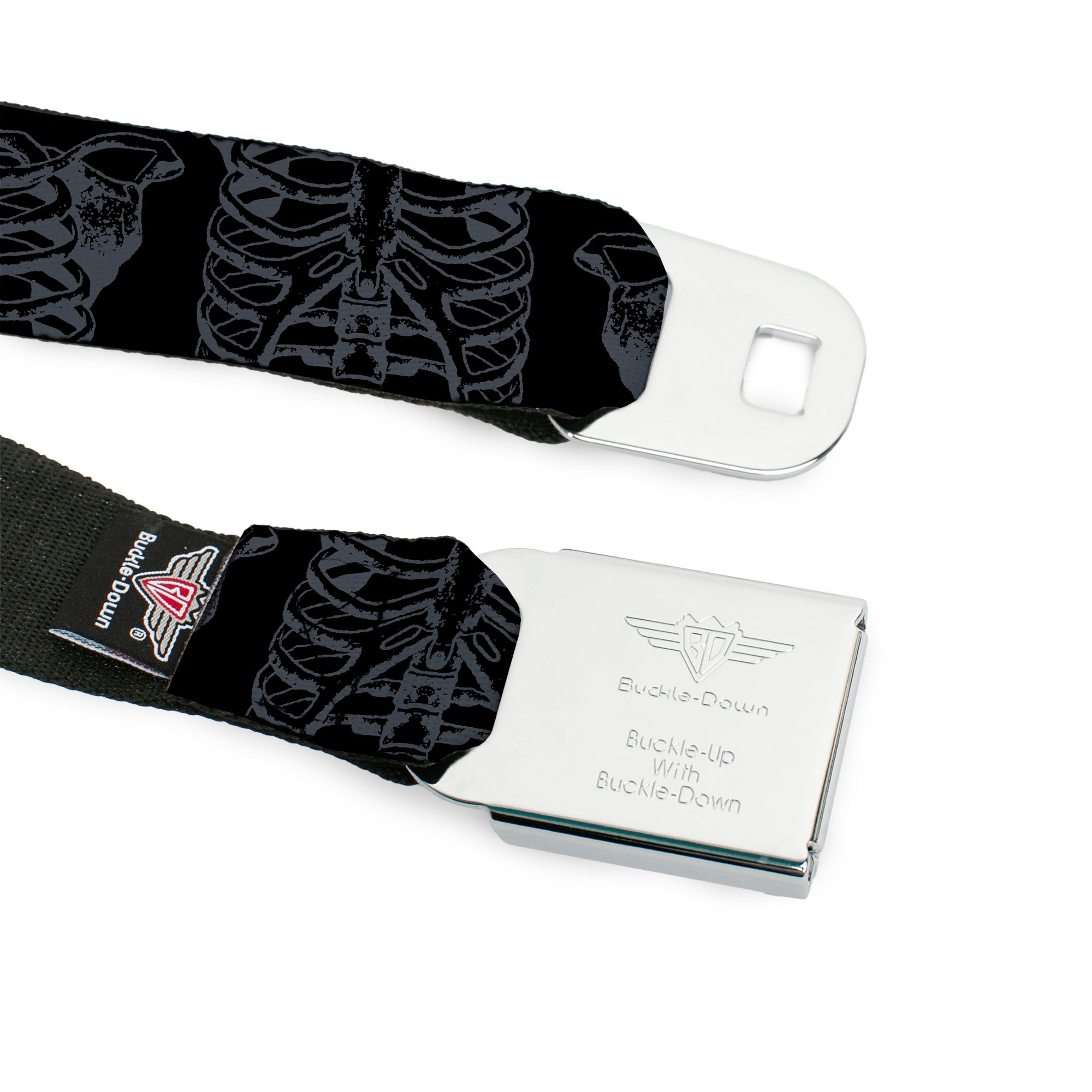 BD Wings Logo CLOSE-UP Black/Silver Seatbelt Belt - Skeleton Ribs Black/Gray Webbing Seatbelt Belts Buckle-Down