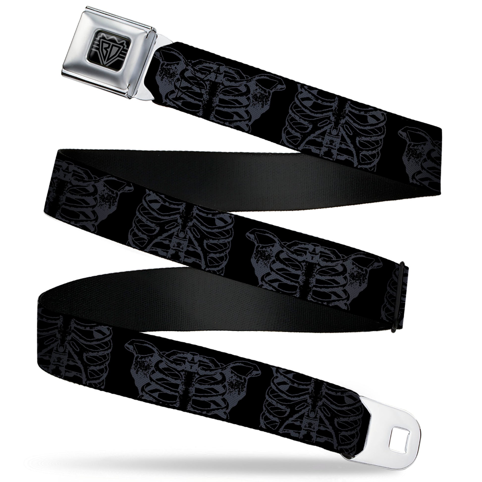 BD Wings Logo CLOSE-UP Black/Silver Seatbelt Belt - Skeleton Ribs Black/Gray Webbing Seatbelt Belts Buckle-Down