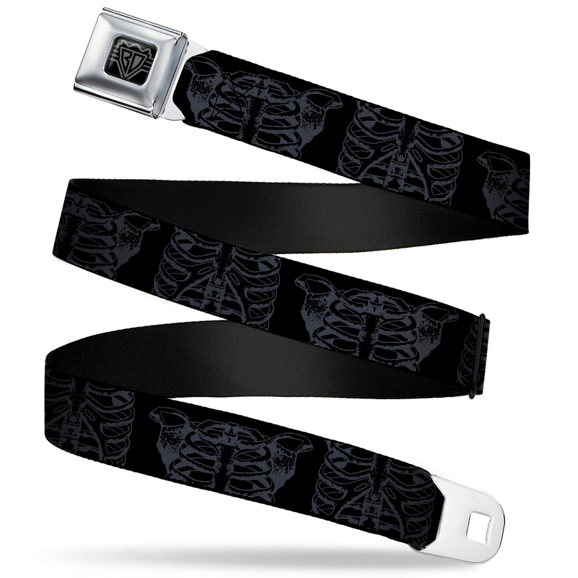 BD Wings Logo CLOSE-UP Black/Silver Seatbelt Belt - Skeleton Ribs Black/Gray Webbing Seatbelt Belts Buckle-Down