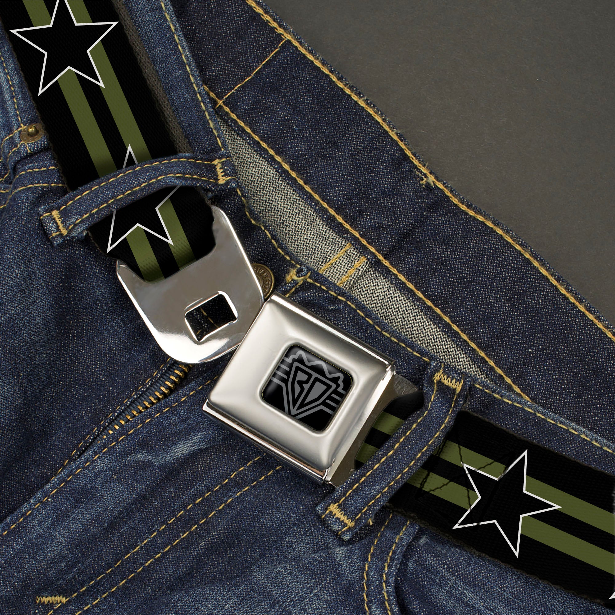 BD Wings Logo CLOSE-UP Black/Silver Seatbelt Belt - Star with Stripes Black/Olive/Black Webbing Seatbelt Belts Buckle-Down