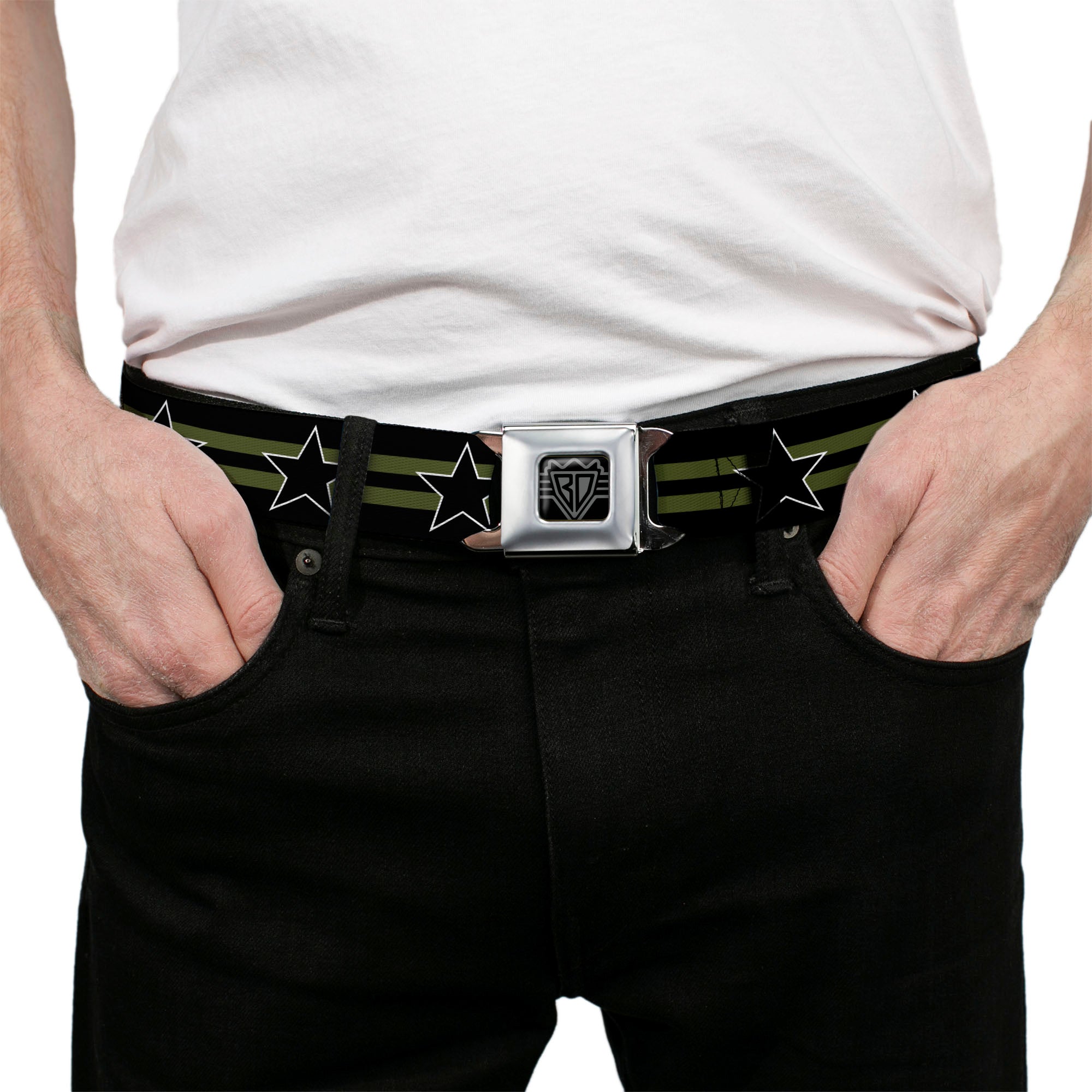 BD Wings Logo CLOSE-UP Black/Silver Seatbelt Belt - Star with Stripes Black/Olive/Black Webbing Seatbelt Belts Buckle-Down