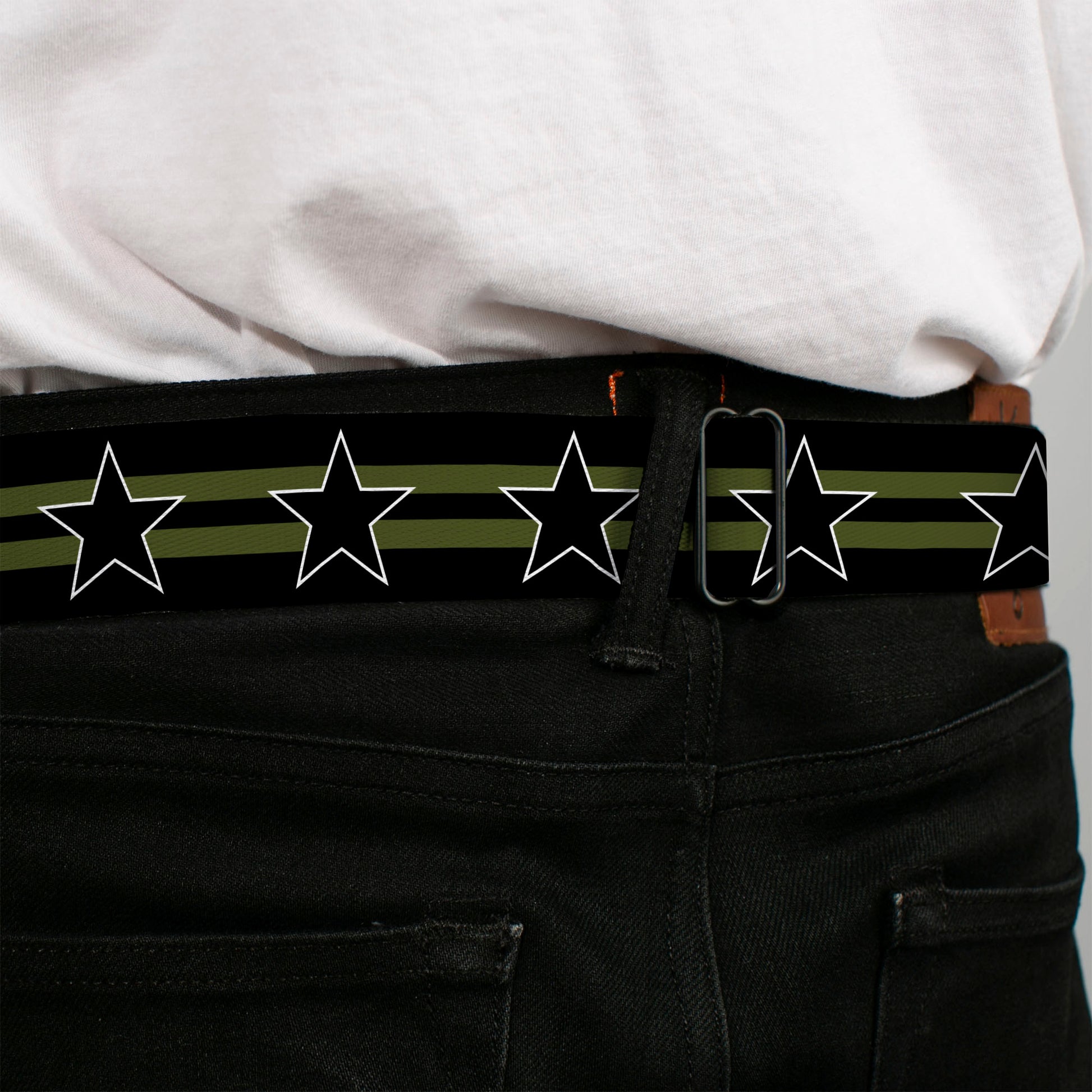 BD Wings Logo CLOSE-UP Black/Silver Seatbelt Belt - Star with Stripes Black/Olive/Black Webbing Seatbelt Belts Buckle-Down
