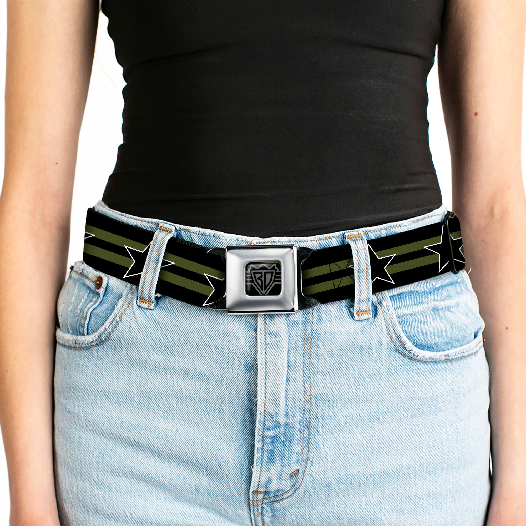 BD Wings Logo CLOSE-UP Black/Silver Seatbelt Belt - Star with Stripes Black/Olive/Black Webbing Seatbelt Belts Buckle-Down
