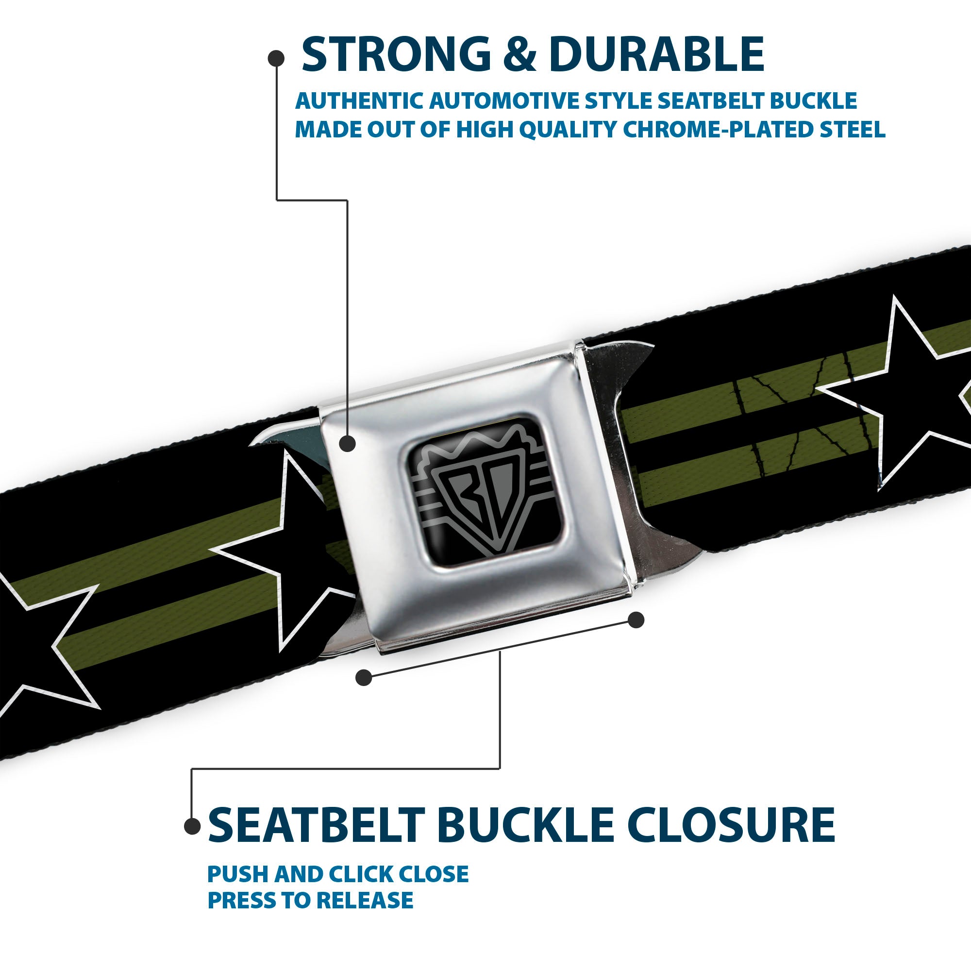 BD Wings Logo CLOSE-UP Black/Silver Seatbelt Belt - Star with Stripes Black/Olive/Black Webbing Seatbelt Belts Buckle-Down