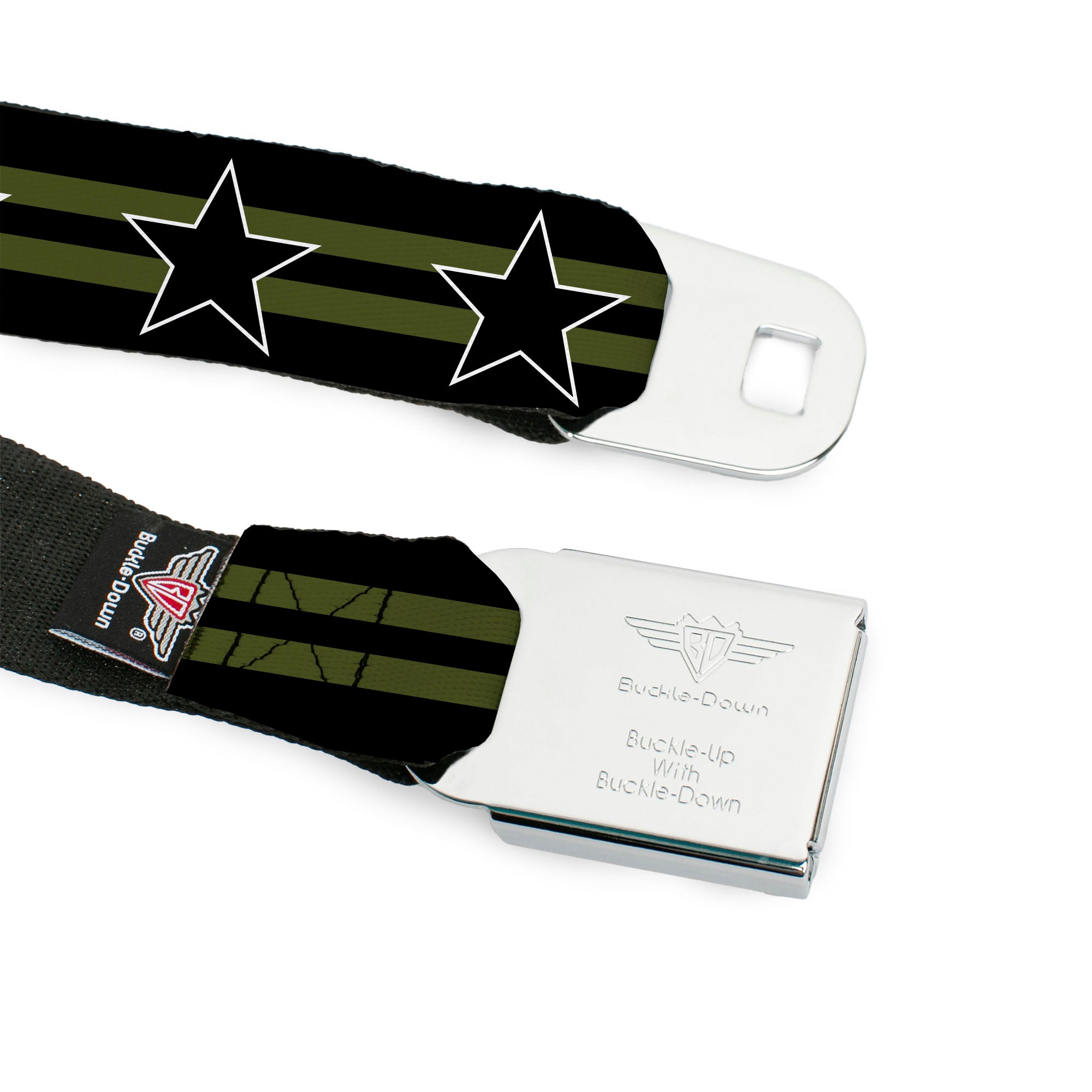 BD Wings Logo CLOSE-UP Black/Silver Seatbelt Belt - Star with Stripes Black/Olive/Black Webbing Seatbelt Belts Buckle-Down