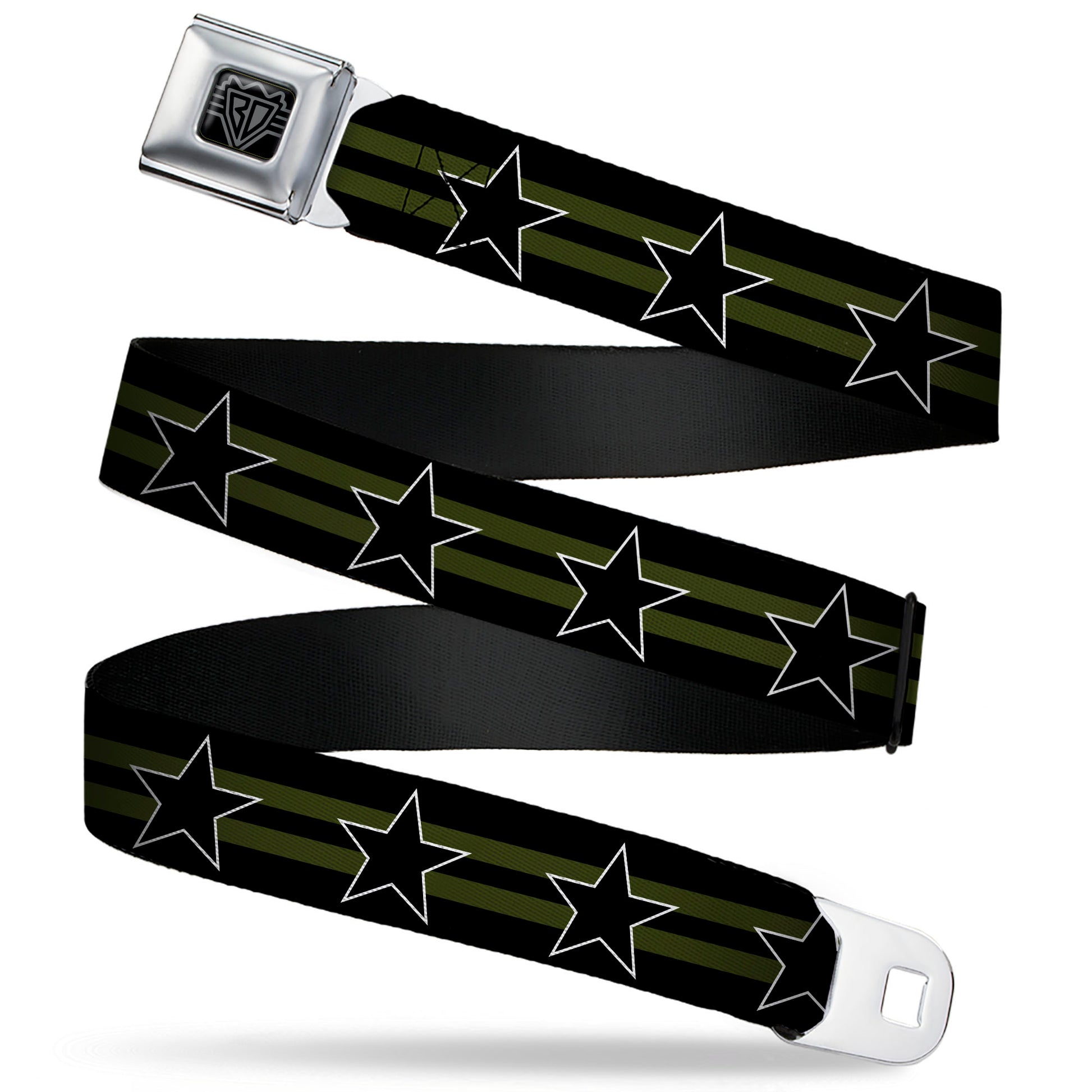 BD Wings Logo CLOSE-UP Black/Silver Seatbelt Belt - Star with Stripes Black/Olive/Black Webbing Seatbelt Belts Buckle-Down