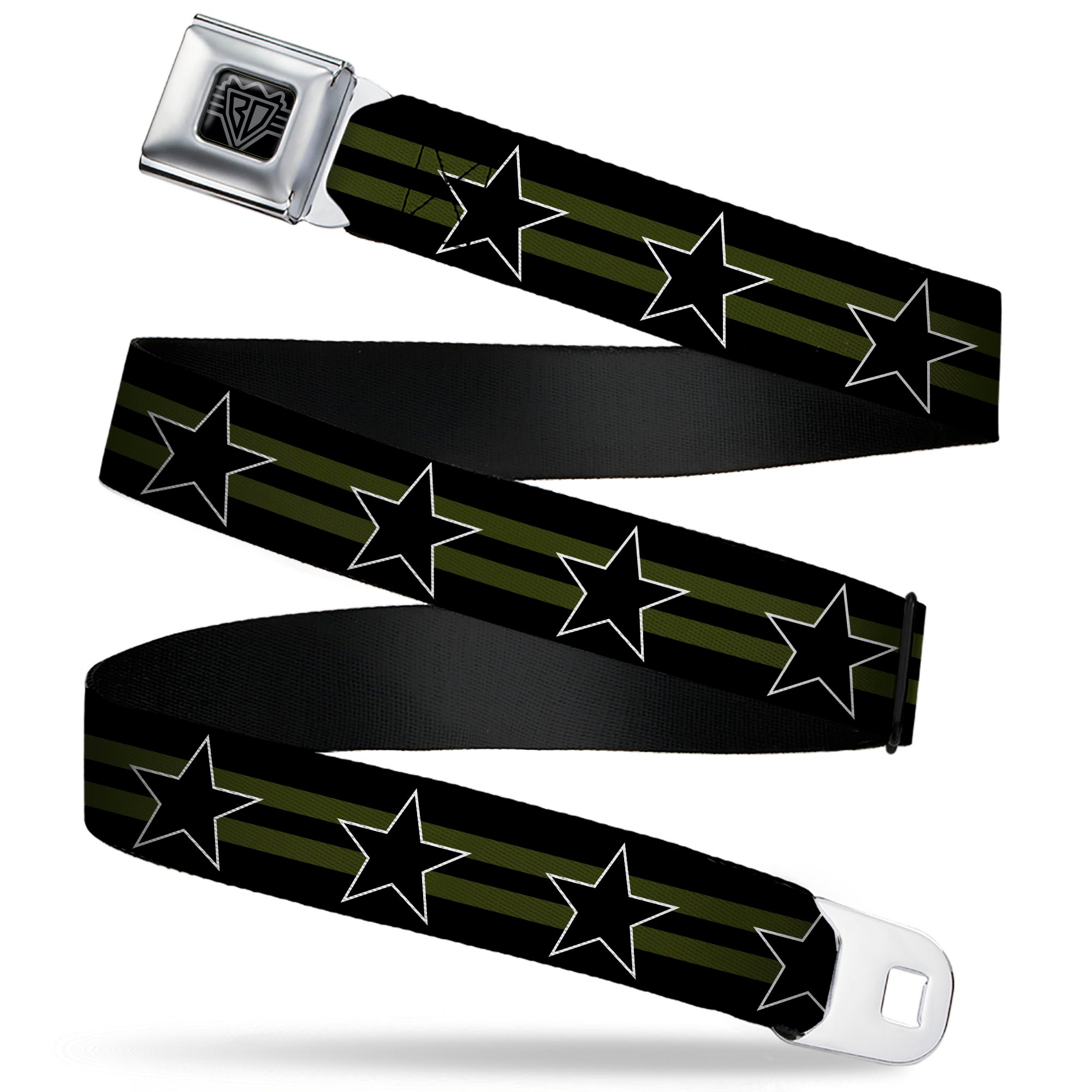 BD Wings Logo CLOSE-UP Black/Silver Seatbelt Belt - Star with Stripes Black/Olive/Black Webbing Seatbelt Belts Buckle-Down
