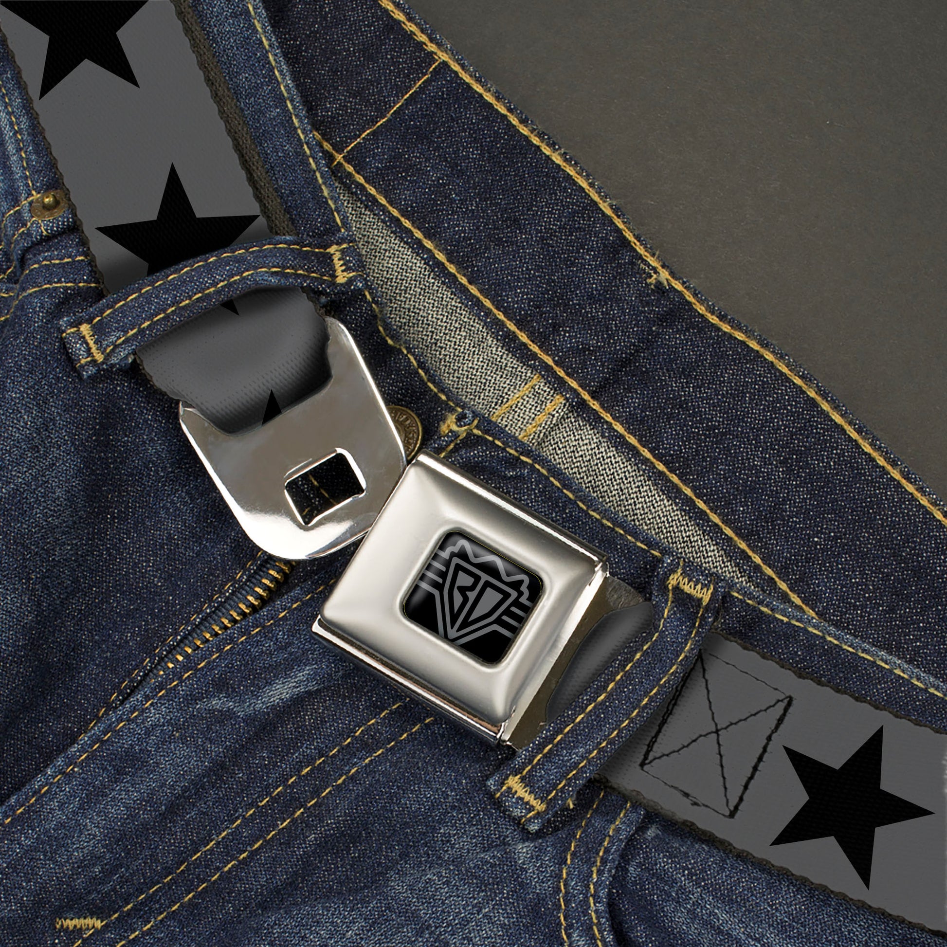 BD Wings Logo CLOSE-UP Black/Silver Seatbelt Belt - Star Gray/Black Webbing Seatbelt Belts Buckle-Down