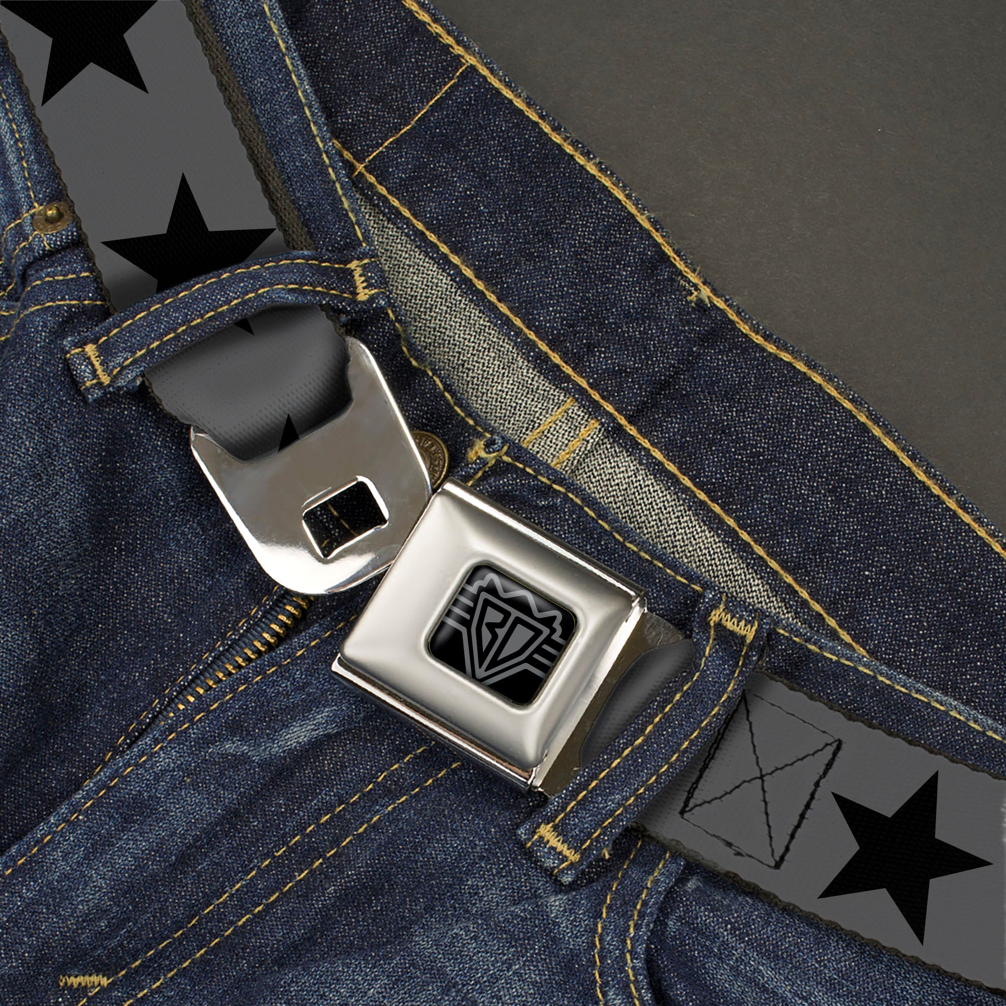 BD Wings Logo CLOSE-UP Black/Silver Seatbelt Belt - Star Gray/Black Webbing Seatbelt Belts Buckle-Down