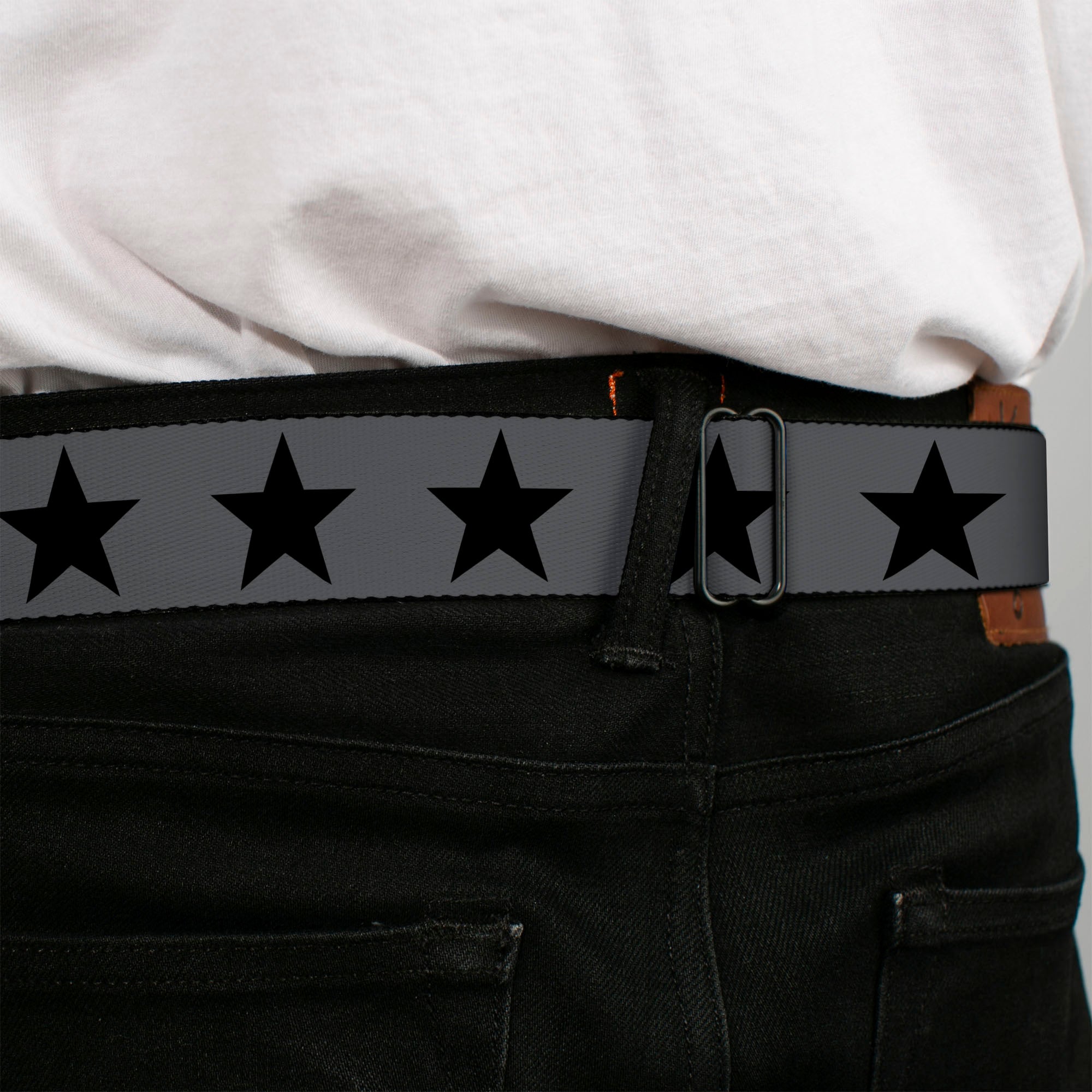 BD Wings Logo CLOSE-UP Black/Silver Seatbelt Belt - Star Gray/Black Webbing Seatbelt Belts Buckle-Down