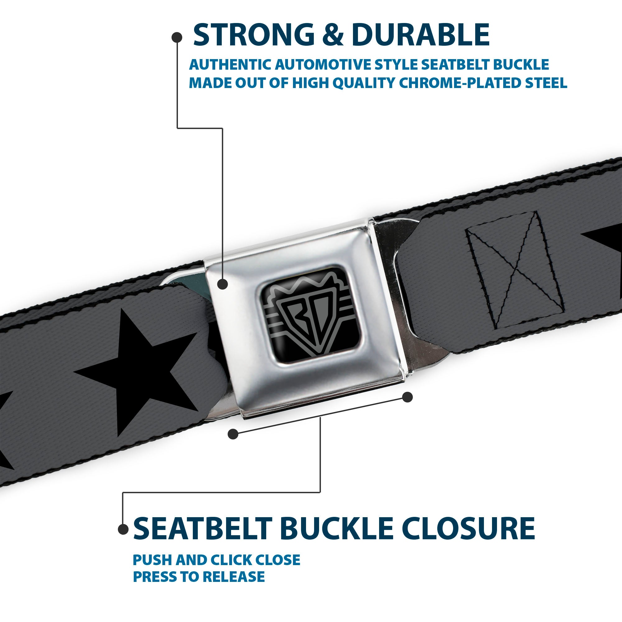 BD Wings Logo CLOSE-UP Black/Silver Seatbelt Belt - Star Gray/Black Webbing Seatbelt Belts Buckle-Down