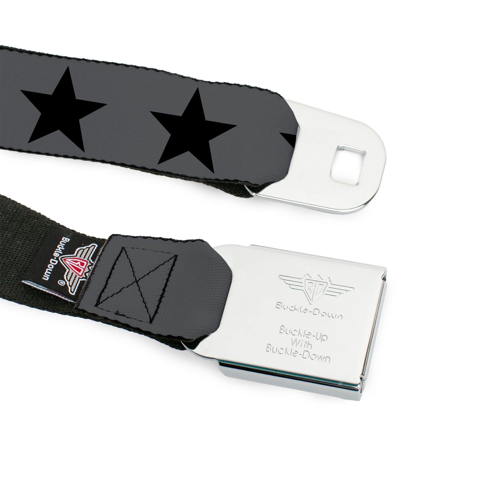 BD Wings Logo CLOSE-UP Black/Silver Seatbelt Belt - Star Gray/Black Webbing Seatbelt Belts Buckle-Down