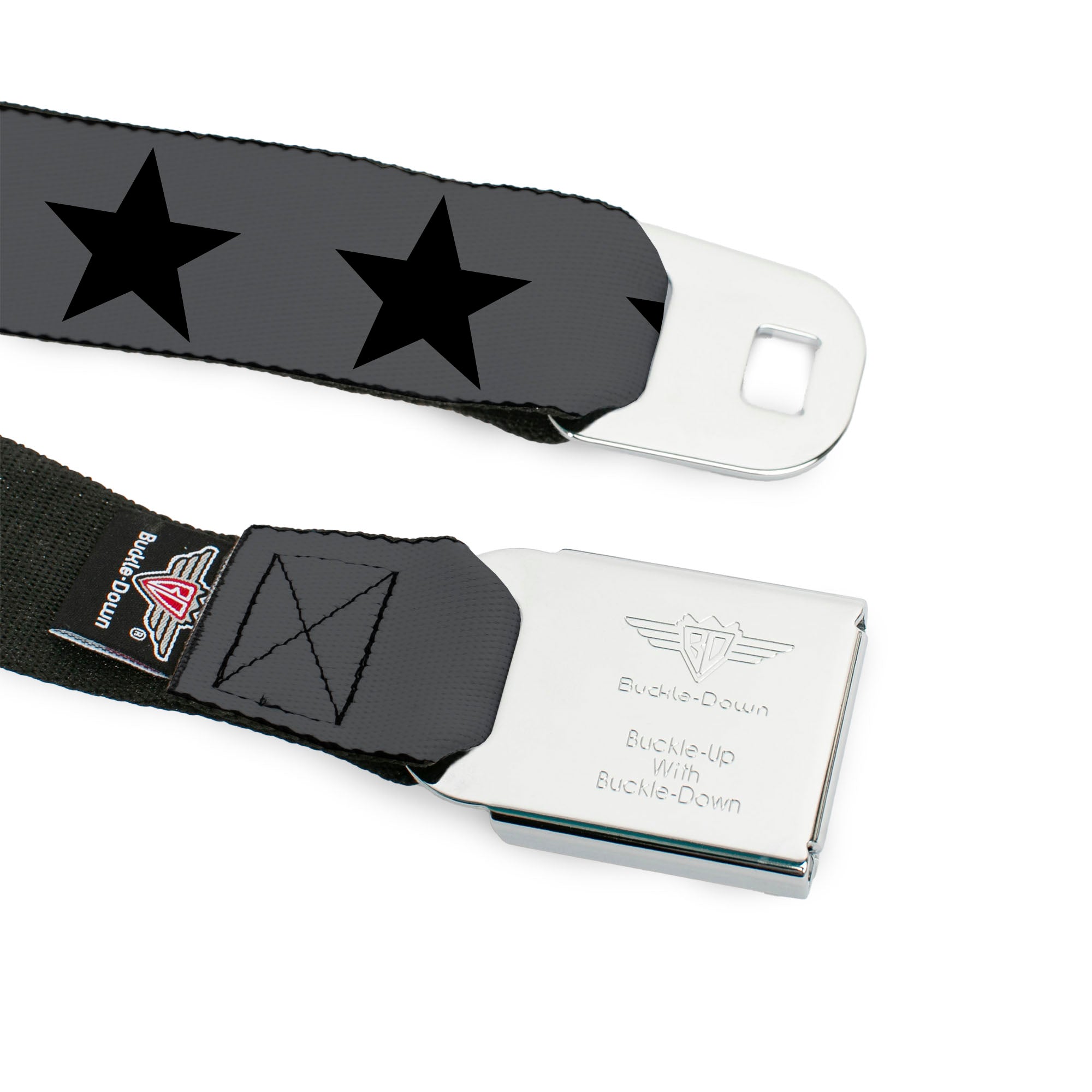 BD Wings Logo CLOSE-UP Black/Silver Seatbelt Belt - Star Gray/Black Webbing Seatbelt Belts Buckle-Down