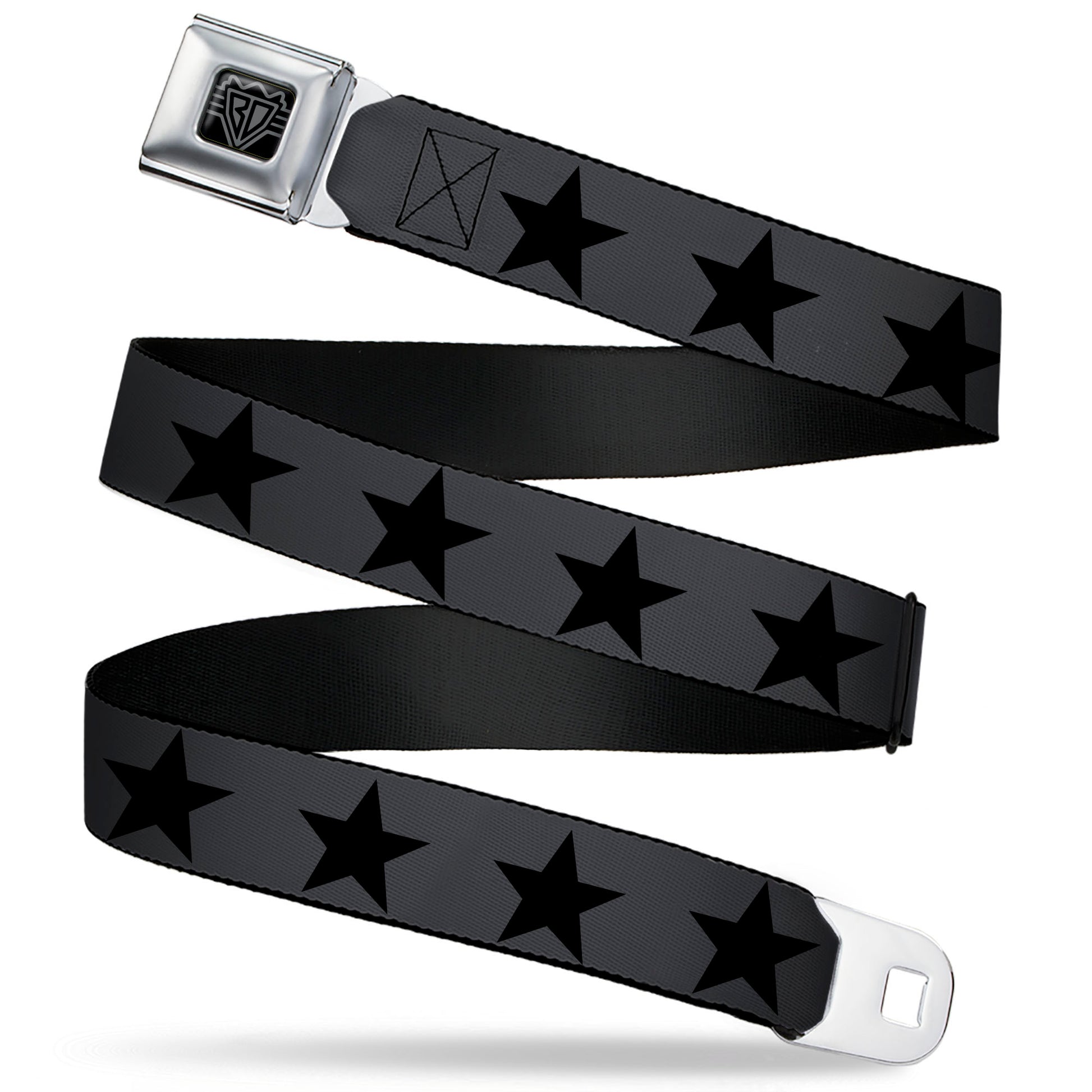 BD Wings Logo CLOSE-UP Black/Silver Seatbelt Belt - Star Gray/Black Webbing Seatbelt Belts Buckle-Down