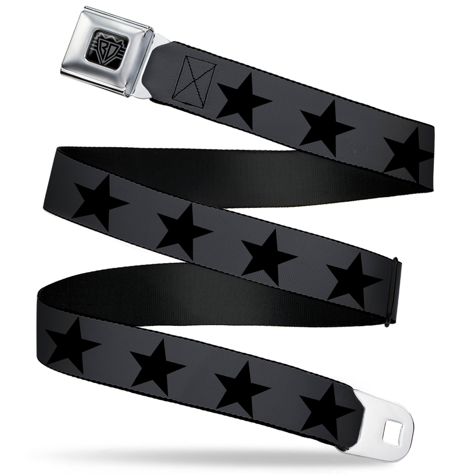 BD Wings Logo CLOSE-UP Black/Silver Seatbelt Belt - Star Gray/Black Webbing Seatbelt Belts Buckle-Down