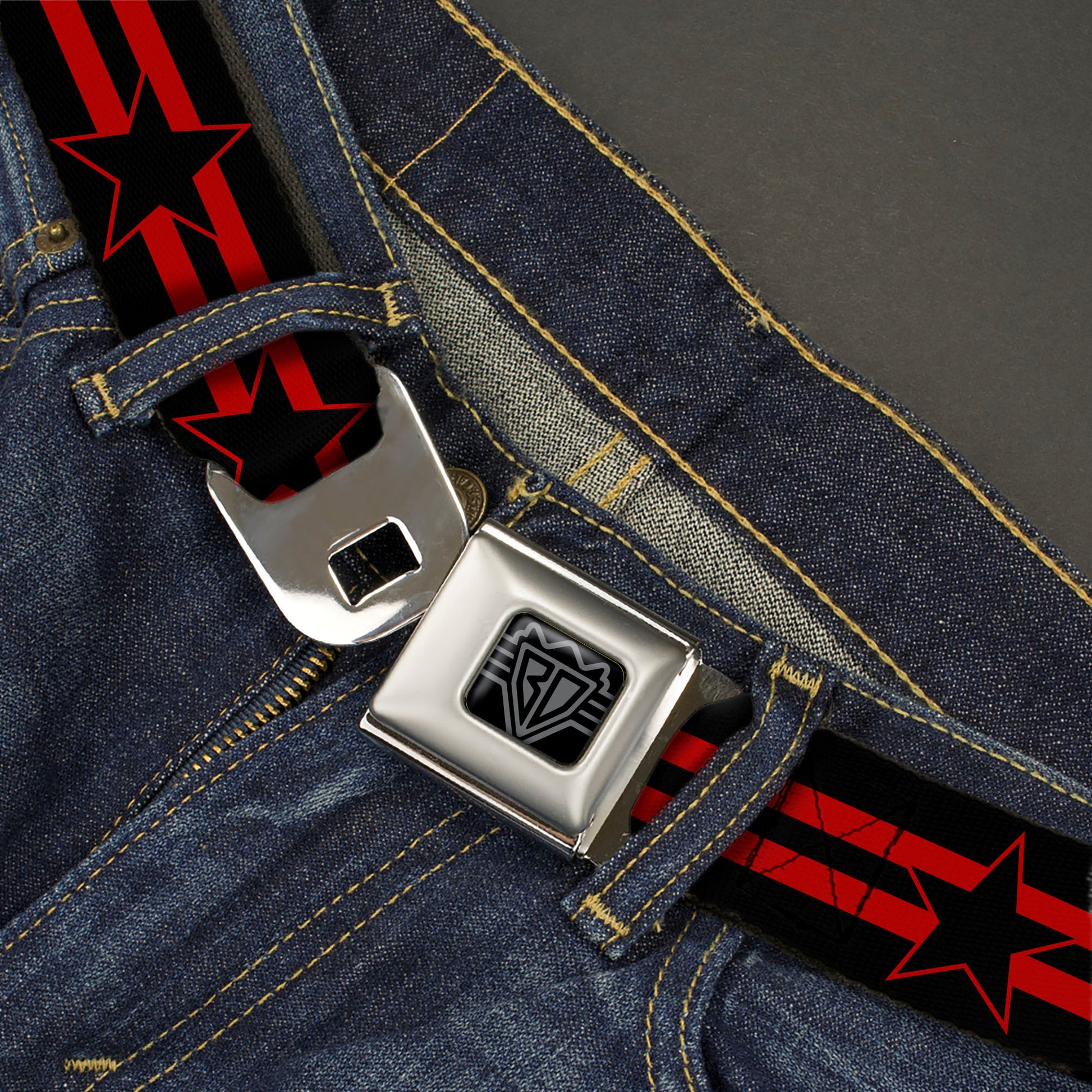 BD Wings Logo CLOSE-UP Black/Silver Seatbelt Belt - Star with Stripes Black/Red/Black Webbing Seatbelt Belts Buckle-Down