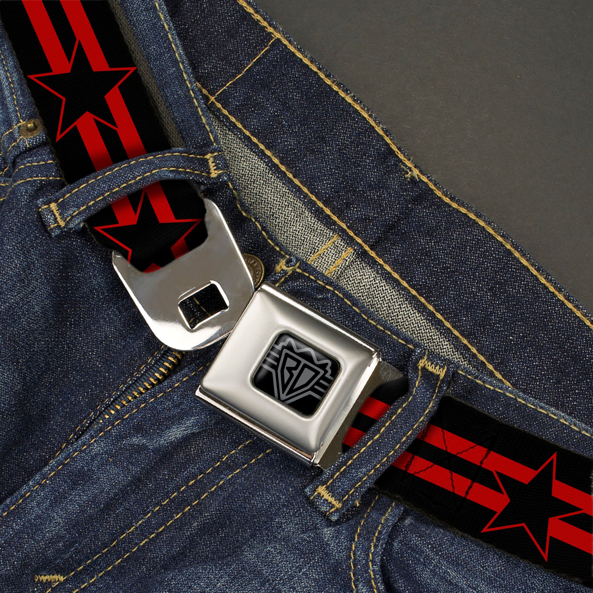 BD Wings Logo CLOSE-UP Black/Silver Seatbelt Belt - Star with Stripes Black/Red/Black Webbing Seatbelt Belts Buckle-Down