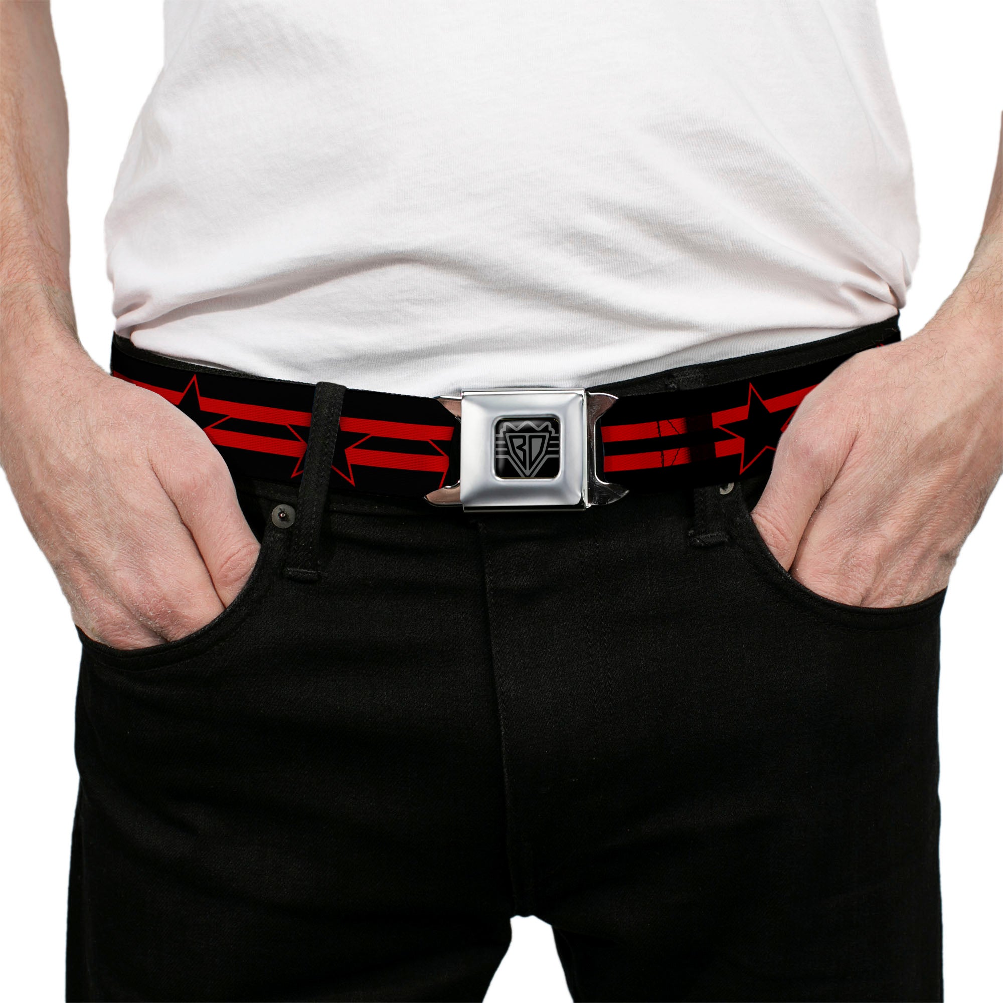 BD Wings Logo CLOSE-UP Black/Silver Seatbelt Belt - Star with Stripes Black/Red/Black Webbing Seatbelt Belts Buckle-Down