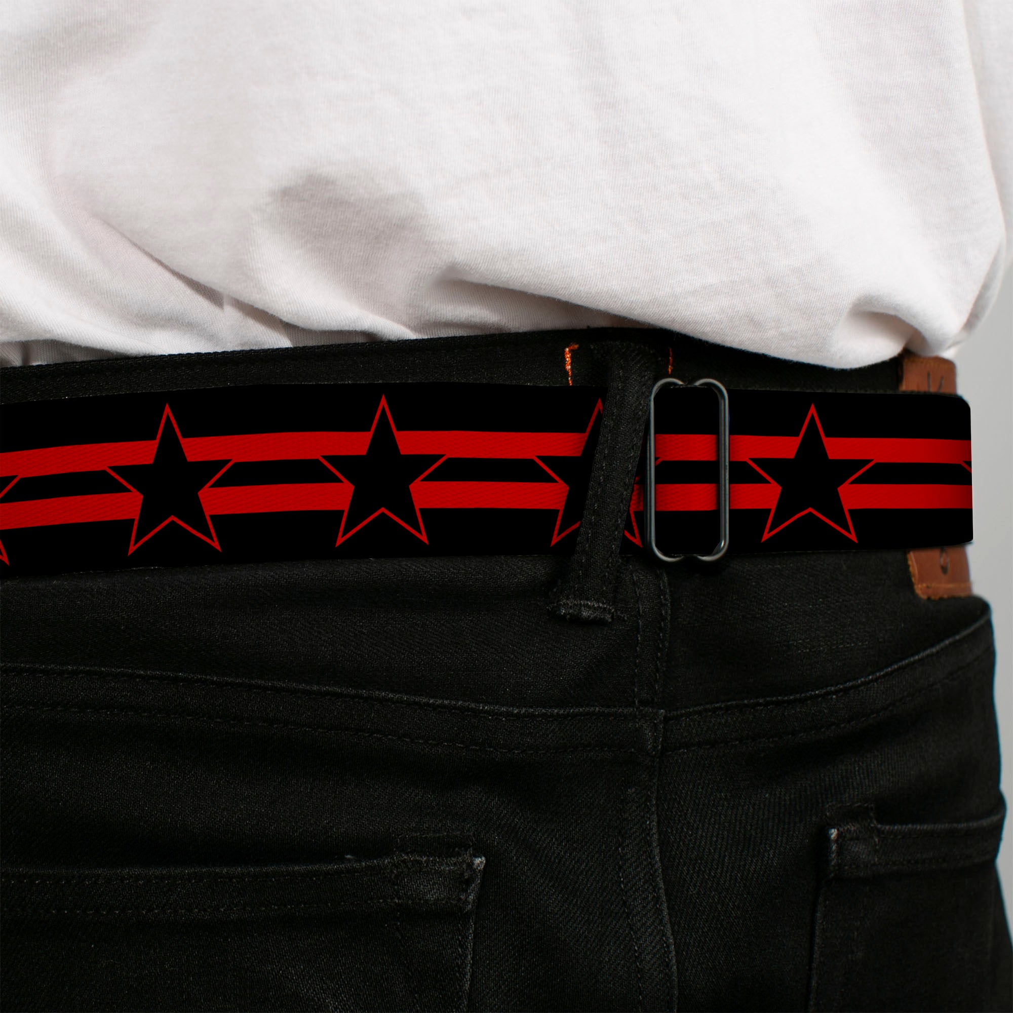 BD Wings Logo CLOSE-UP Black/Silver Seatbelt Belt - Star with Stripes Black/Red/Black Webbing Seatbelt Belts Buckle-Down