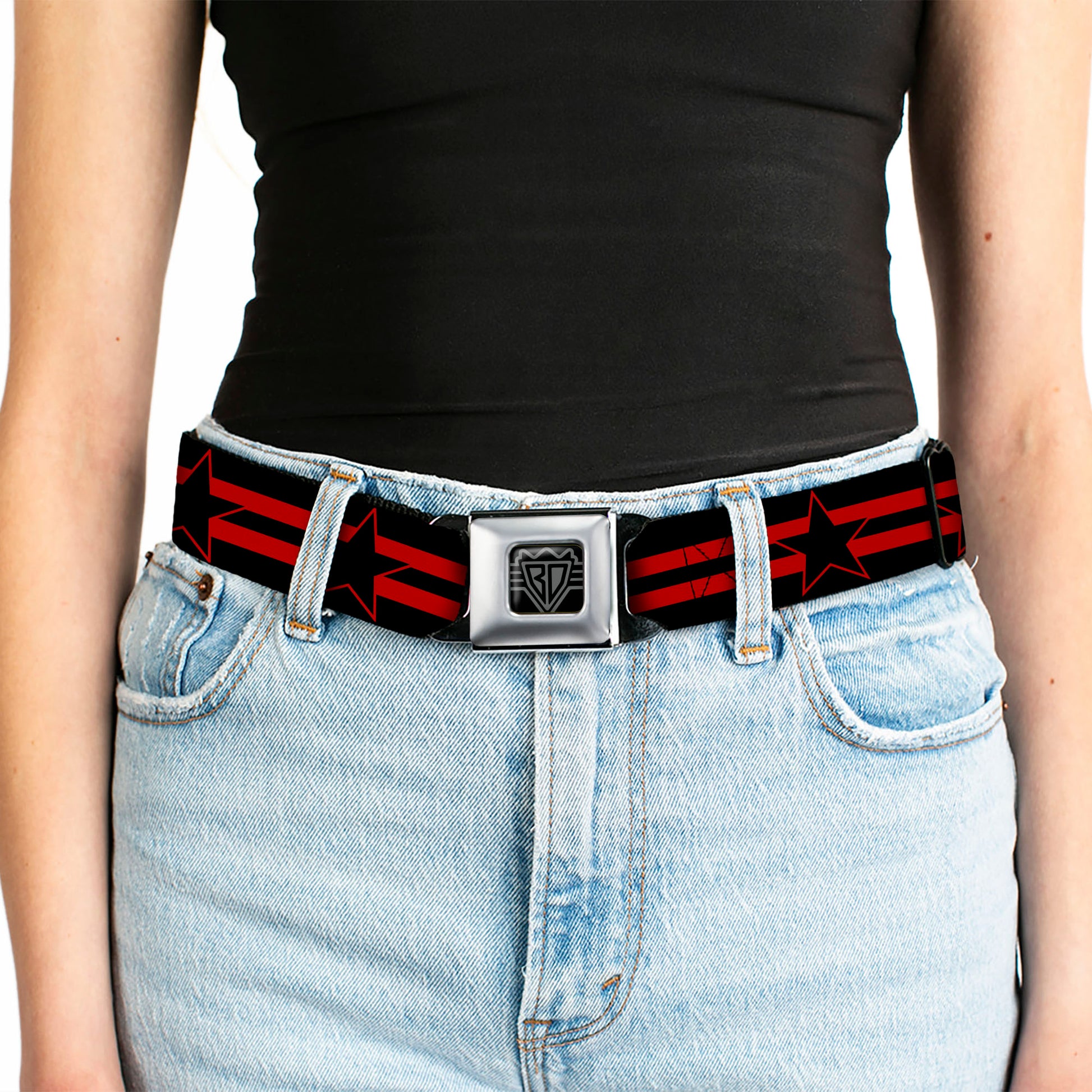 BD Wings Logo CLOSE-UP Black/Silver Seatbelt Belt - Star with Stripes Black/Red/Black Webbing Seatbelt Belts Buckle-Down