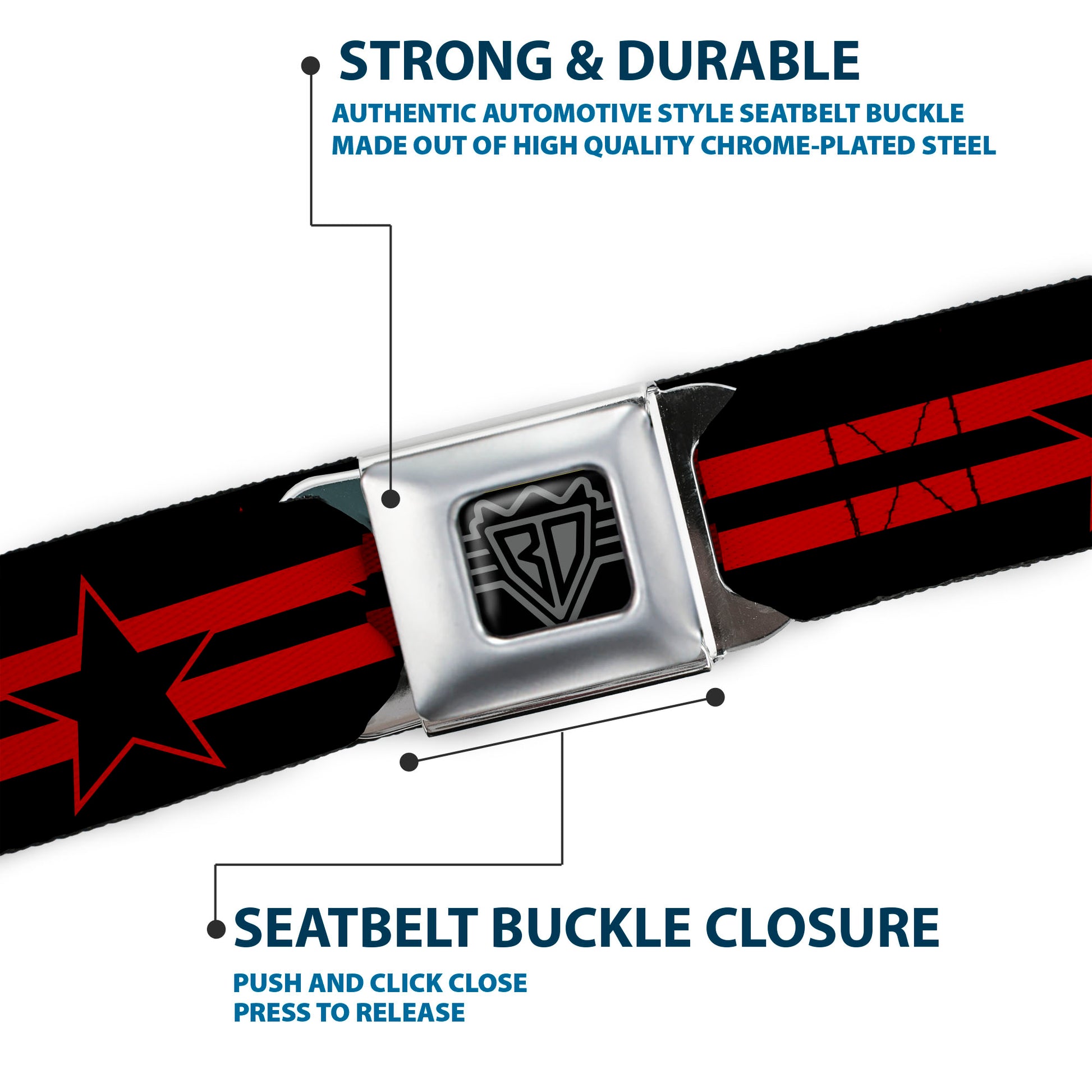 BD Wings Logo CLOSE-UP Black/Silver Seatbelt Belt - Star with Stripes Black/Red/Black Webbing Seatbelt Belts Buckle-Down