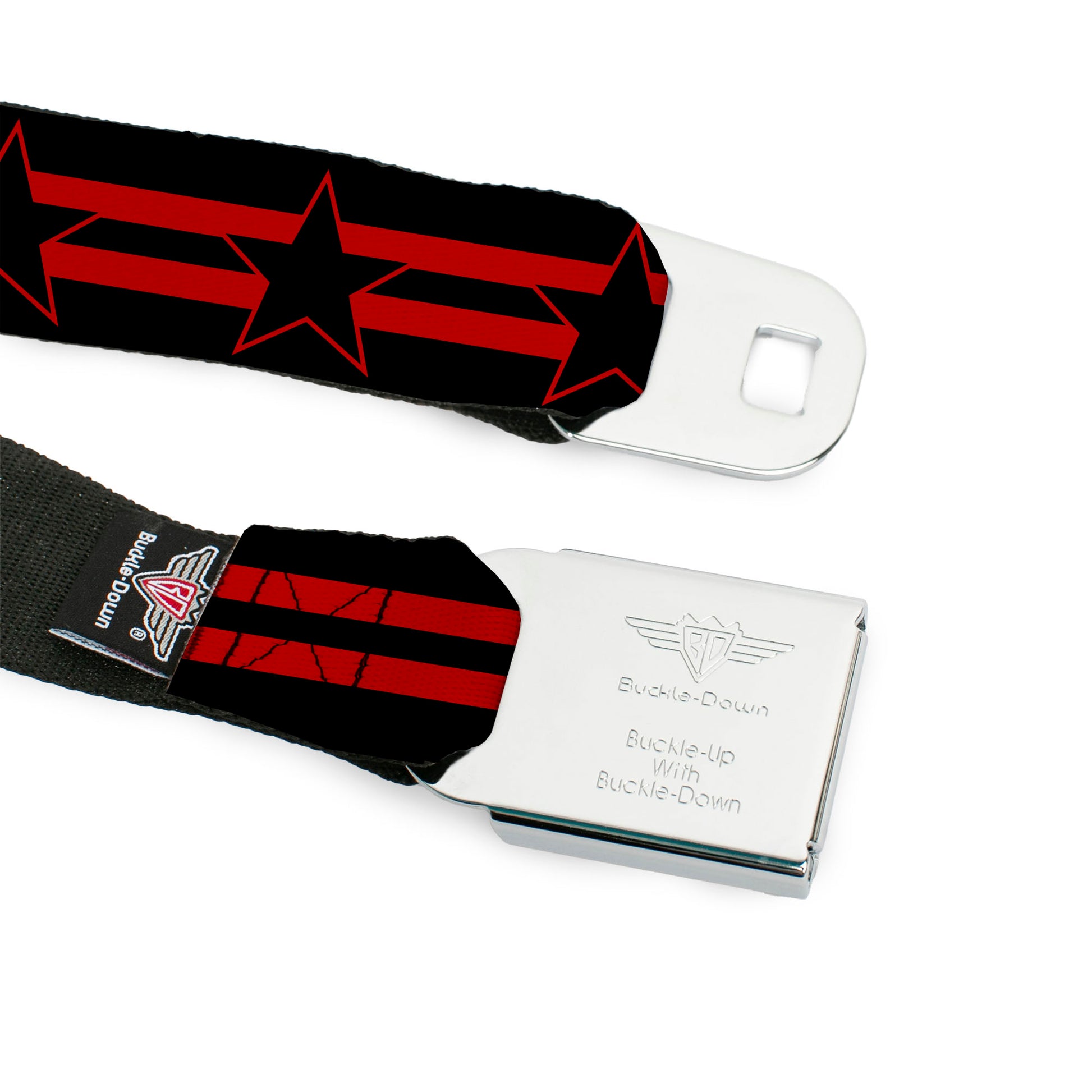 BD Wings Logo CLOSE-UP Black/Silver Seatbelt Belt - Star with Stripes Black/Red/Black Webbing Seatbelt Belts Buckle-Down