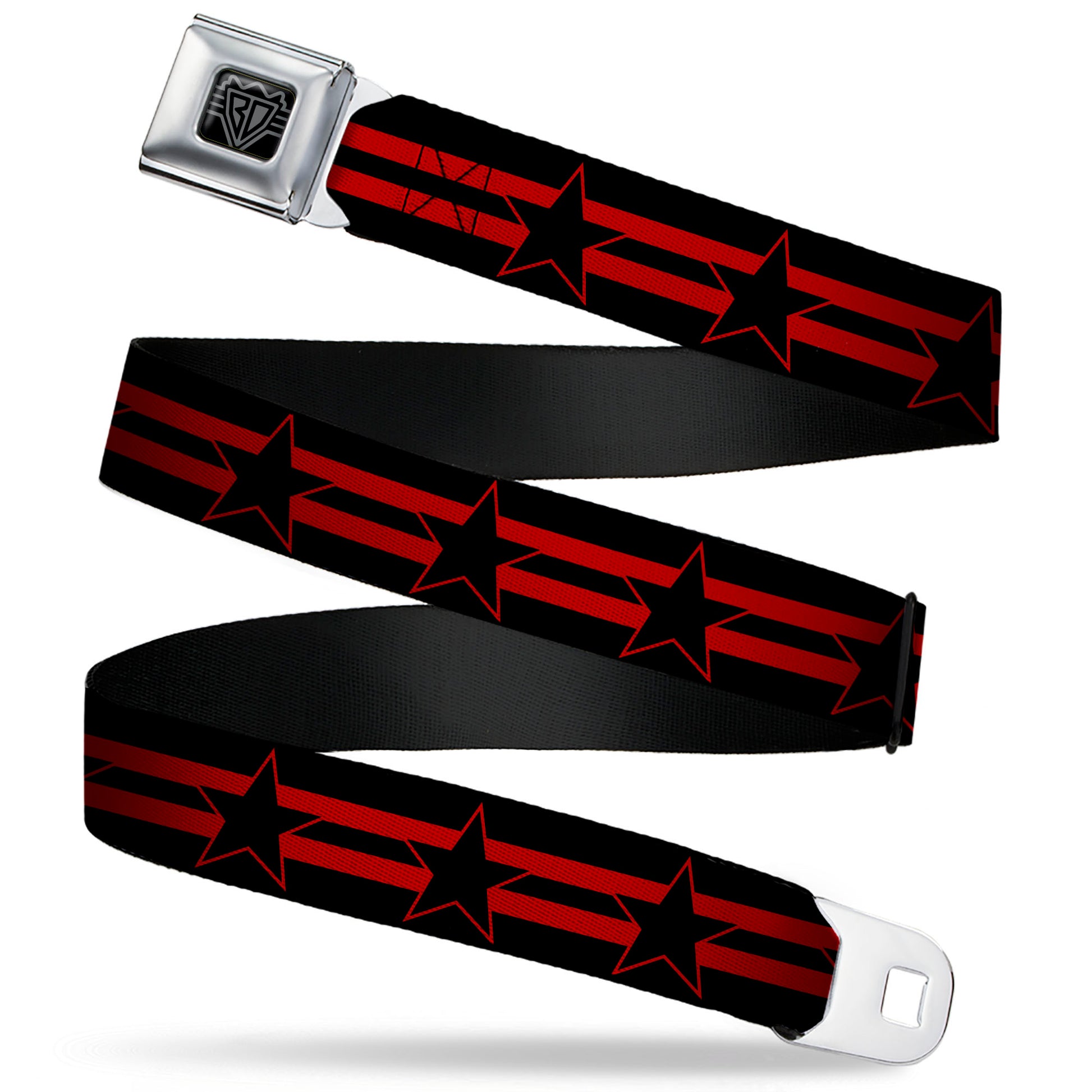 BD Wings Logo CLOSE-UP Black/Silver Seatbelt Belt - Star with Stripes Black/Red/Black Webbing Seatbelt Belts Buckle-Down