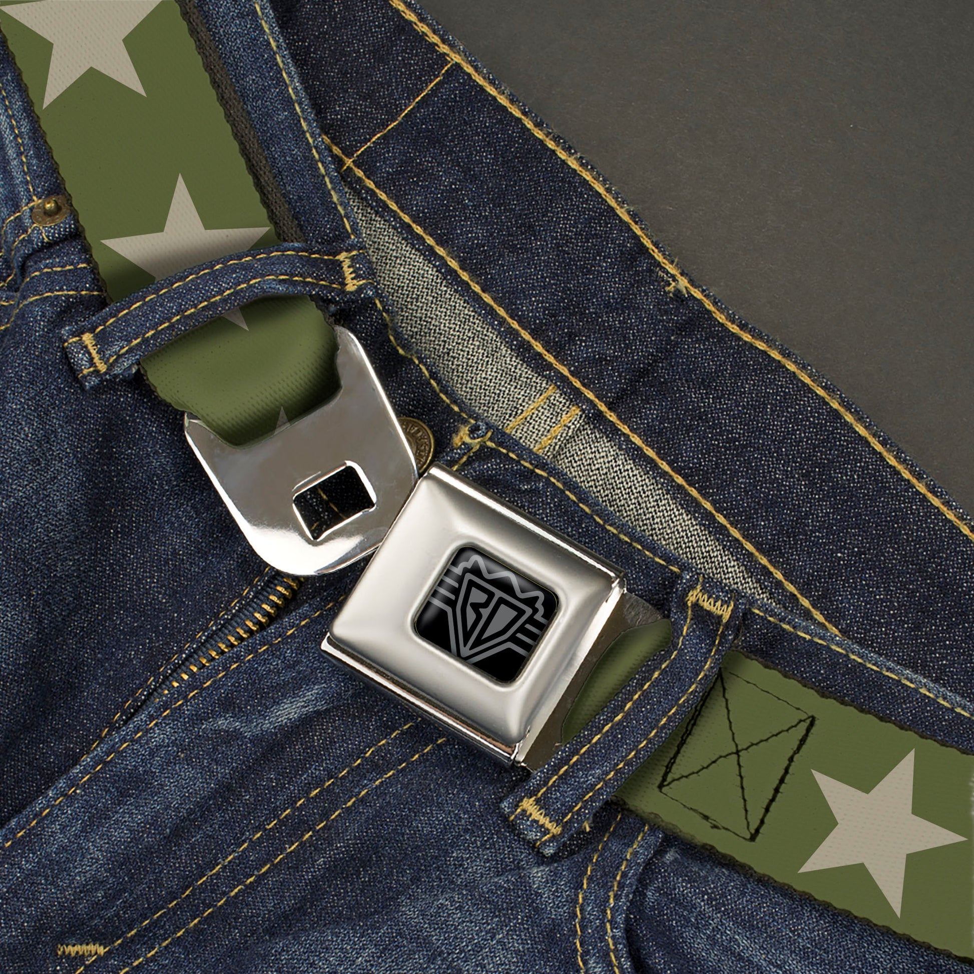 BD Wings Logo CLOSE-UP Black/Silver Seatbelt Belt - Star Olive/Tan Webbing Seatbelt Belts Buckle-Down