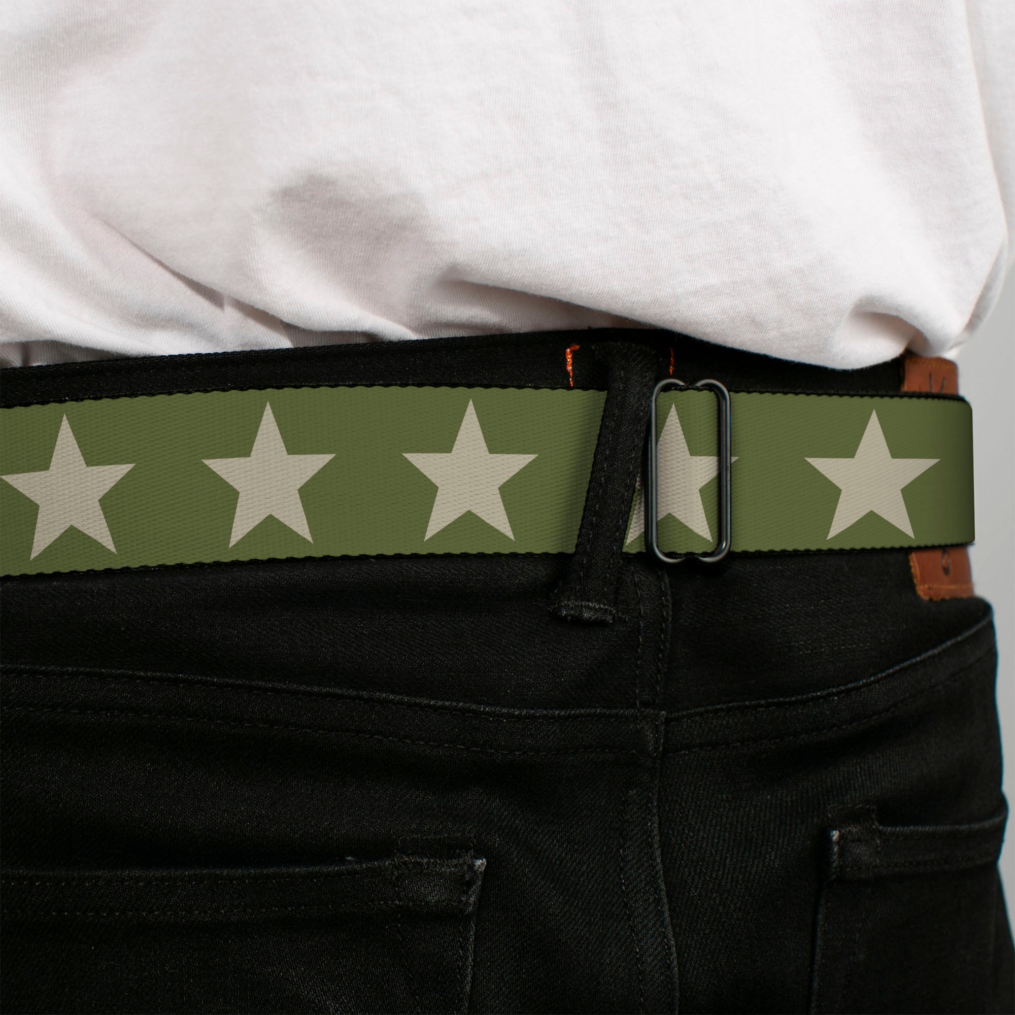 BD Wings Logo CLOSE-UP Black/Silver Seatbelt Belt - Star Olive/Tan Webbing Seatbelt Belts Buckle-Down