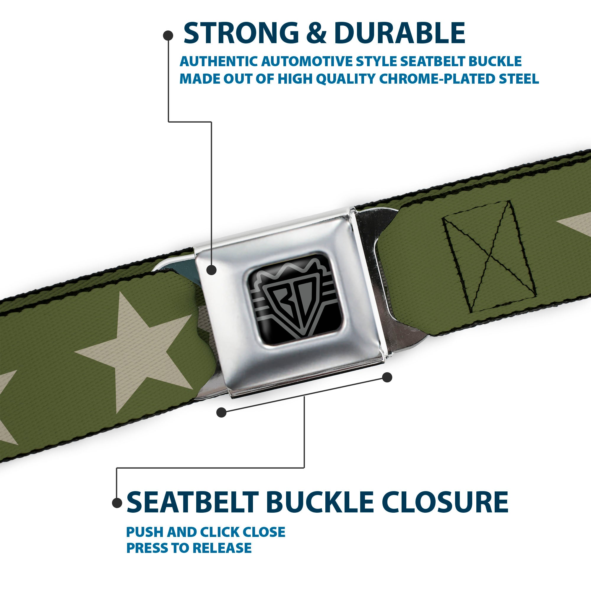 BD Wings Logo CLOSE-UP Black/Silver Seatbelt Belt - Star Olive/Tan Webbing Seatbelt Belts Buckle-Down