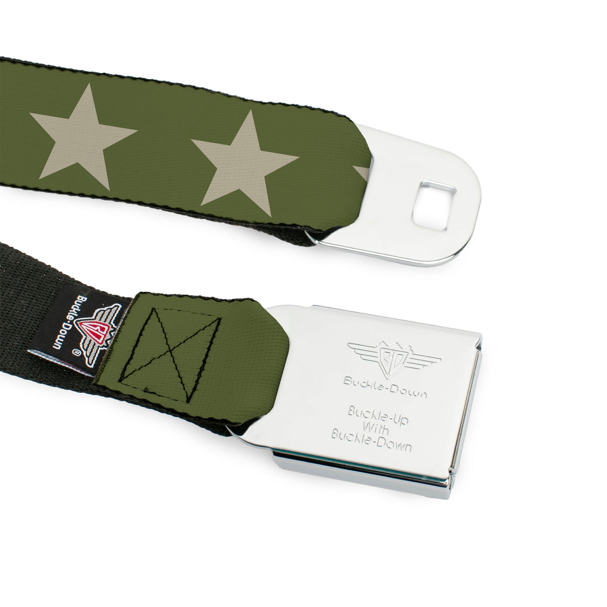 BD Wings Logo CLOSE-UP Black/Silver Seatbelt Belt - Star Olive/Tan Webbing Seatbelt Belts Buckle-Down
