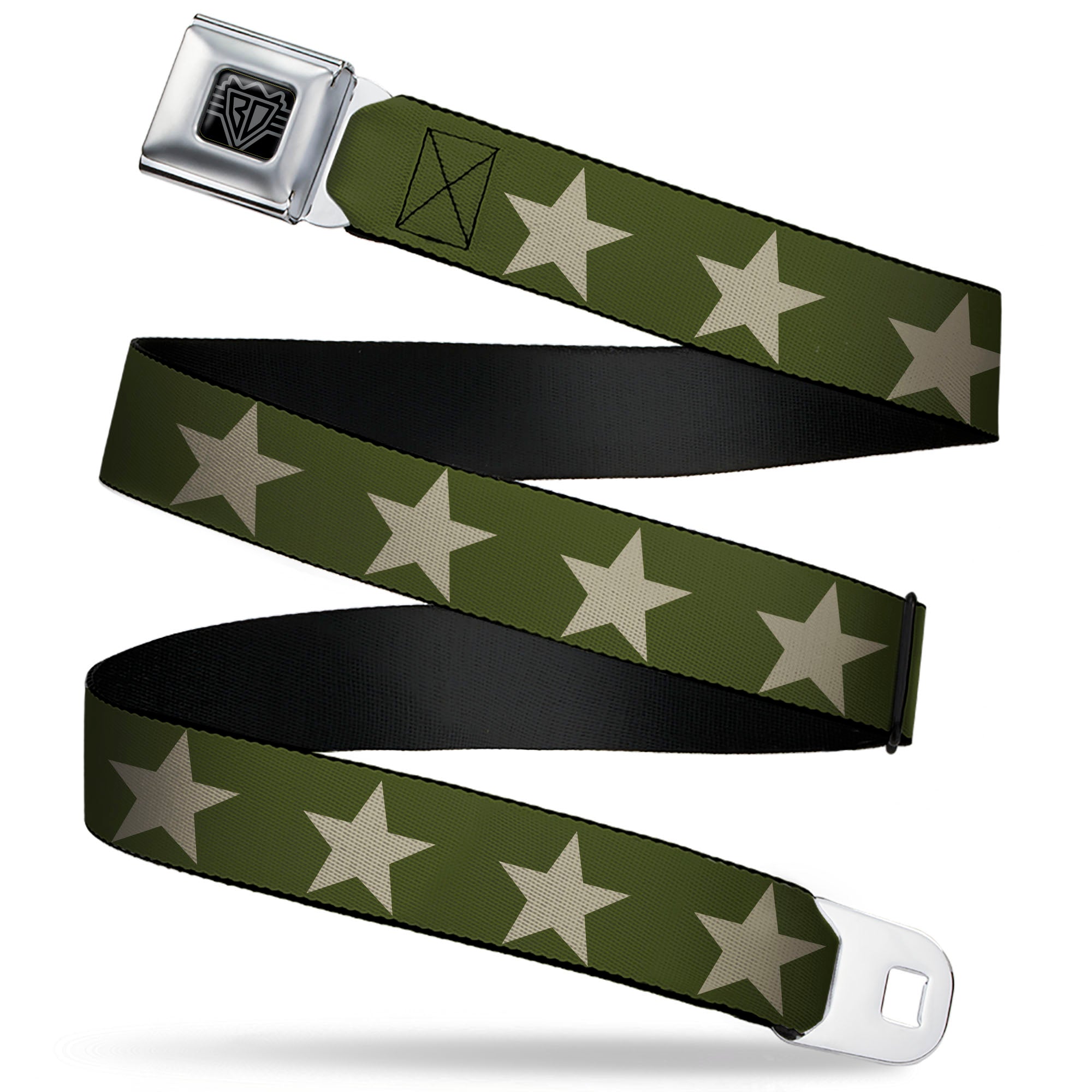 BD Wings Logo CLOSE-UP Black/Silver Seatbelt Belt - Star Olive/Tan Webbing Seatbelt Belts Buckle-Down