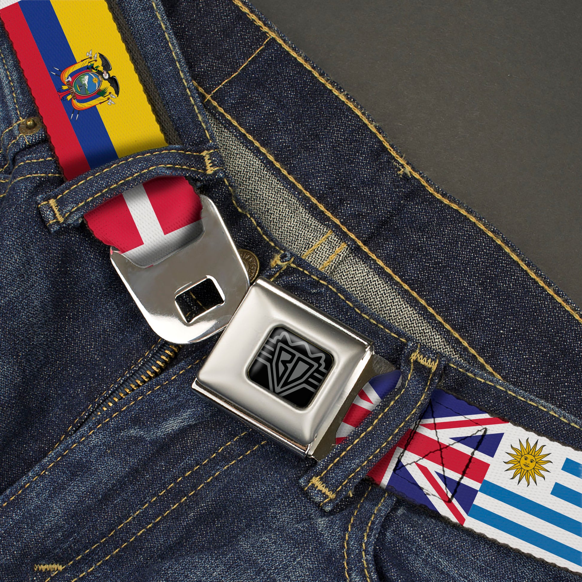 BD Wings Logo CLOSE-UP Black/Silver Seatbelt Belt - Soccer Fan World Cup Team Country Flags Webbing Seatbelt Belts Buckle-Down