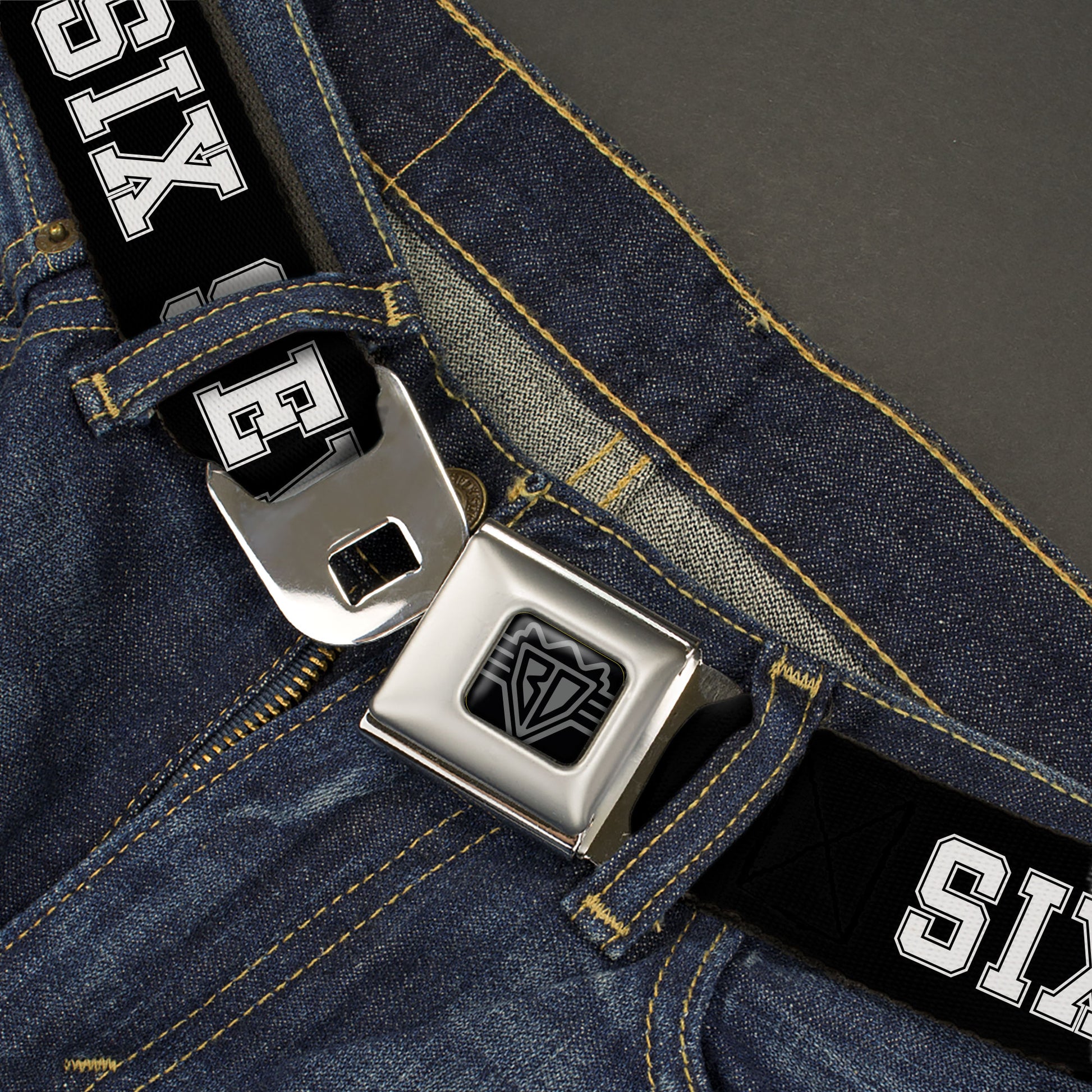 BD Wings Logo CLOSE-UP Black/Silver Seatbelt Belt - SIX SEVEN Text Black/White Webbing Seatbelt Belts Buckle-Down