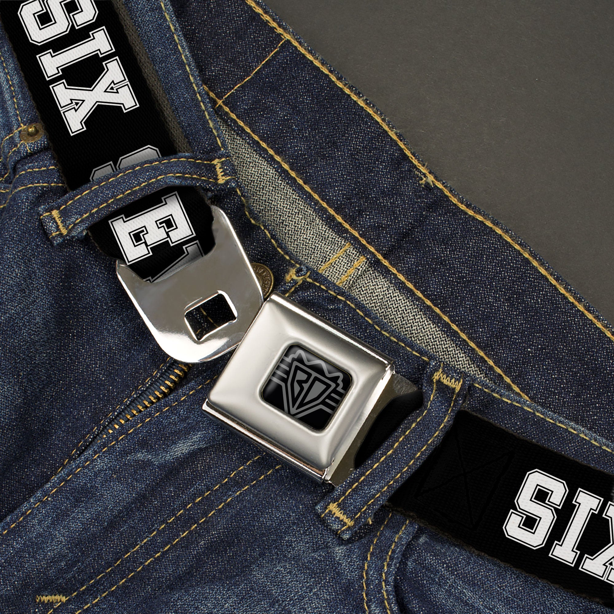 BD Wings Logo CLOSE-UP Black/Silver Seatbelt Belt - SIX SEVEN Text Black/White Webbing Seatbelt Belts Buckle-Down