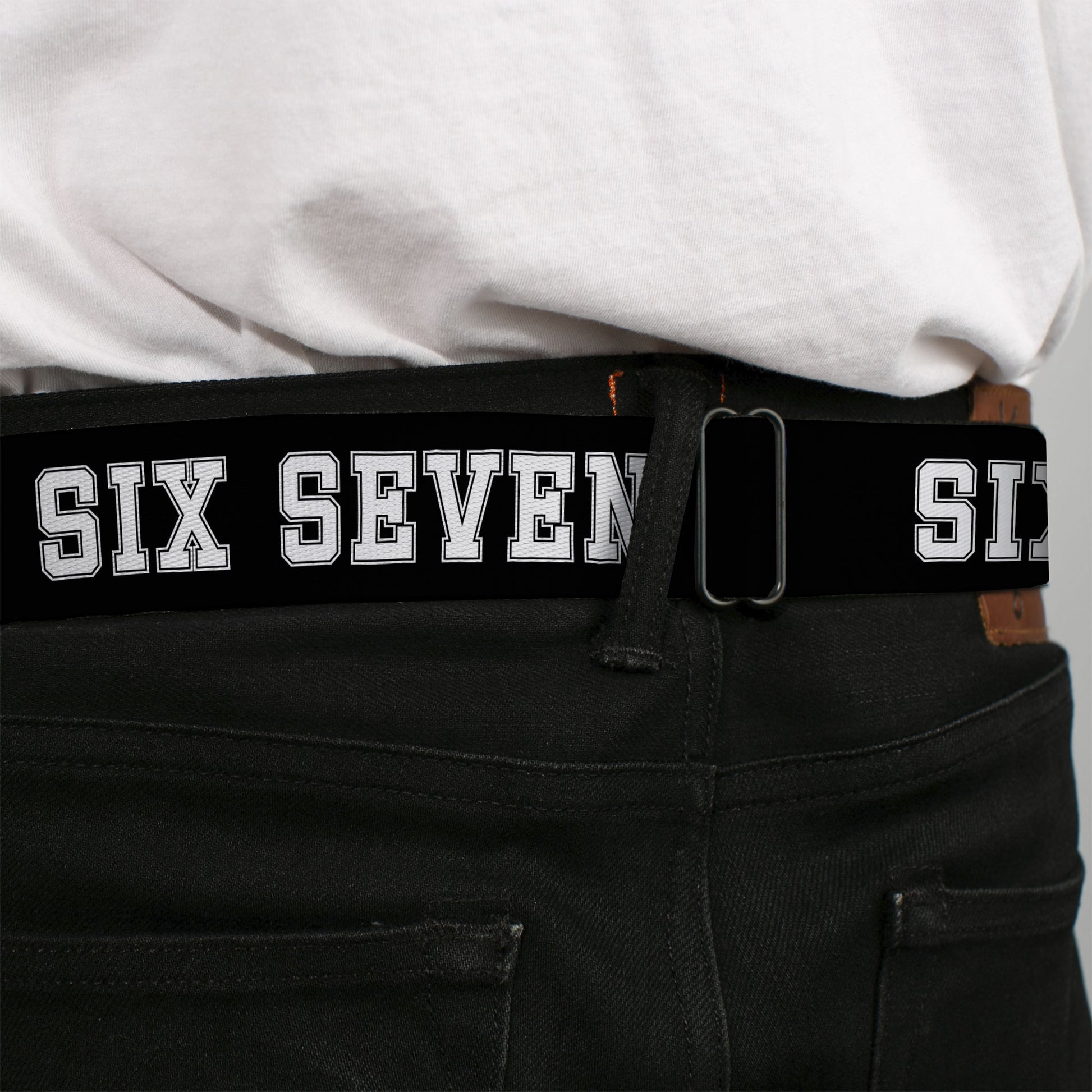 BD Wings Logo CLOSE-UP Black/Silver Seatbelt Belt - SIX SEVEN Text Black/White Webbing Seatbelt Belts Buckle-Down