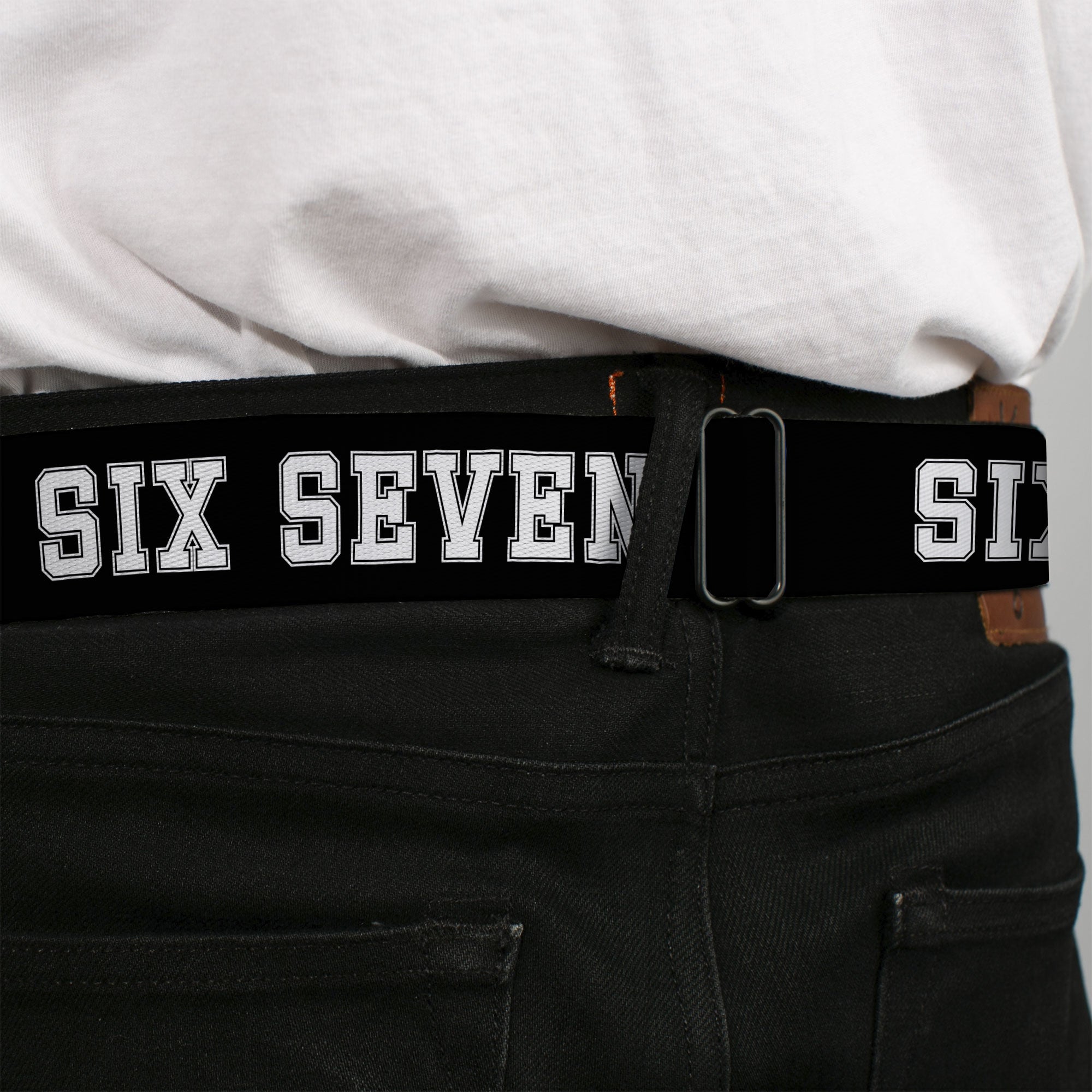 BD Wings Logo CLOSE-UP Black/Silver Seatbelt Belt - SIX SEVEN Text Black/White Webbing Seatbelt Belts Buckle-Down