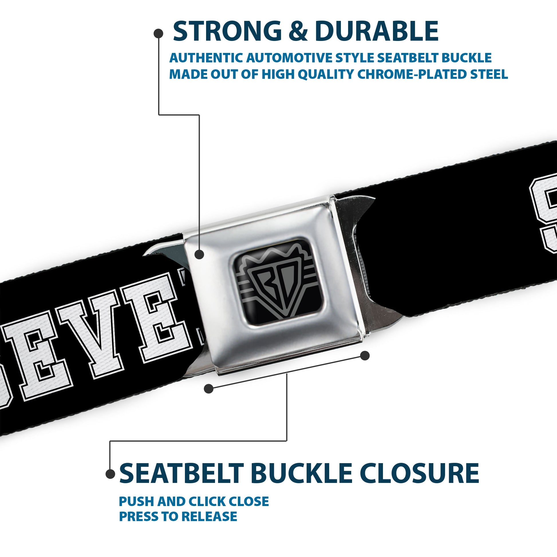 BD Wings Logo CLOSE-UP Black/Silver Seatbelt Belt - SIX SEVEN Text Black/White Webbing Seatbelt Belts Buckle-Down