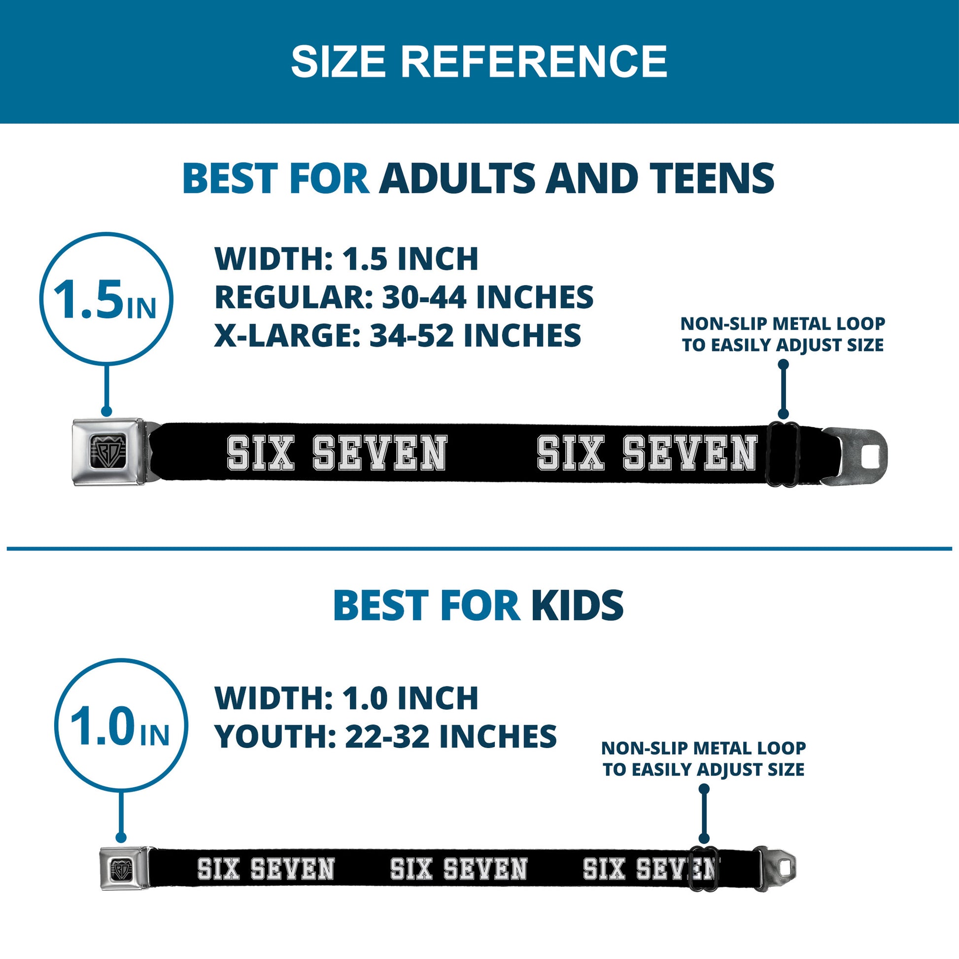 BD Wings Logo CLOSE-UP Black/Silver Seatbelt Belt - SIX SEVEN Text Black/White Webbing Seatbelt Belts Buckle-Down