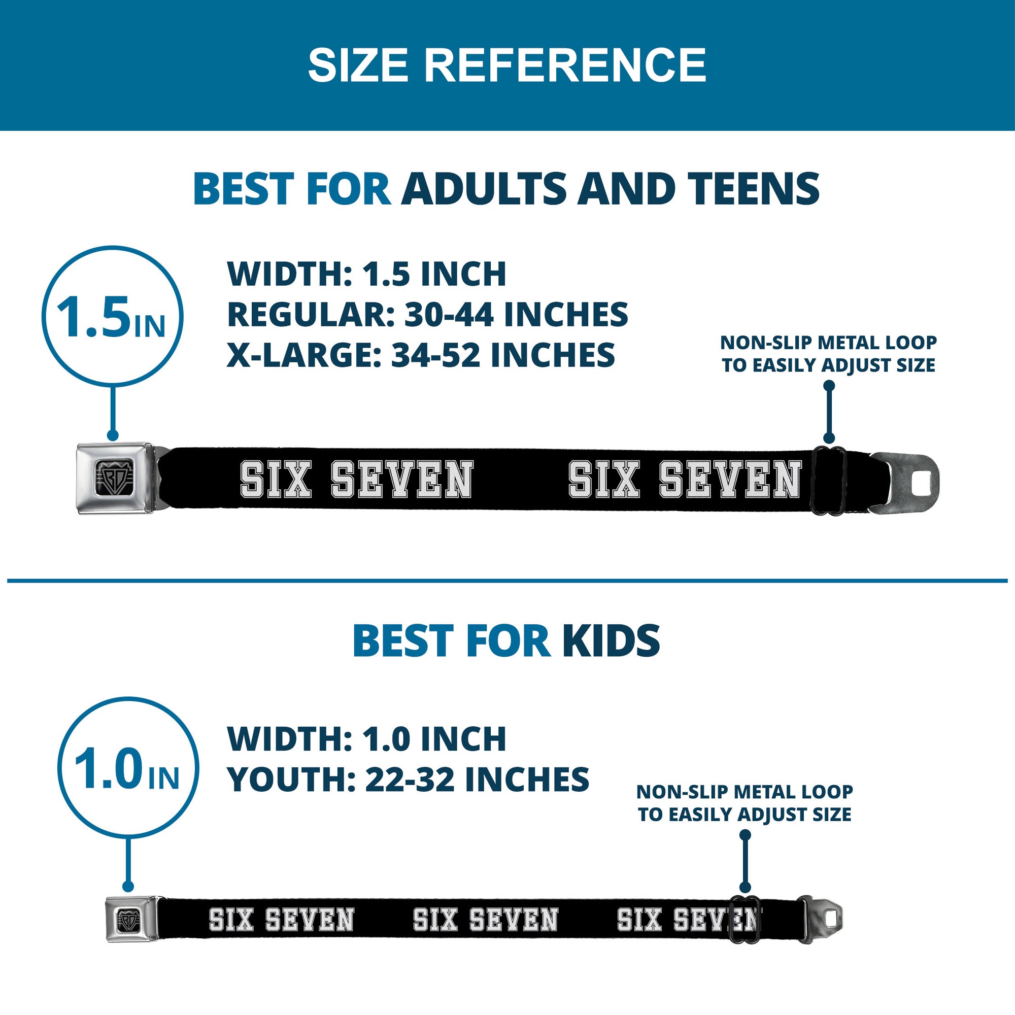 BD Wings Logo CLOSE-UP Black/Silver Seatbelt Belt - SIX SEVEN Text Black/White Webbing Seatbelt Belts Buckle-Down