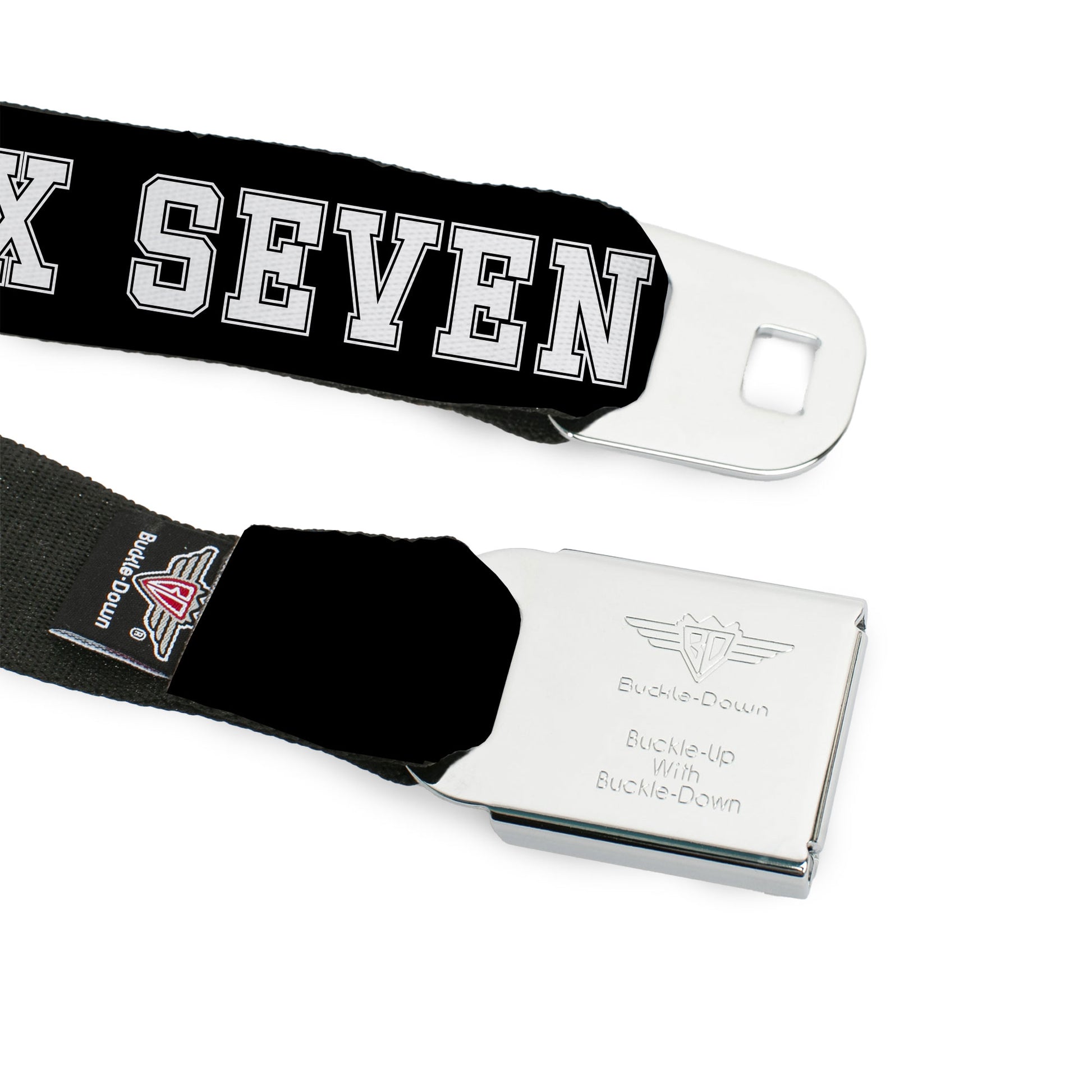 BD Wings Logo CLOSE-UP Black/Silver Seatbelt Belt - SIX SEVEN Text Black/White Webbing Seatbelt Belts Buckle-Down